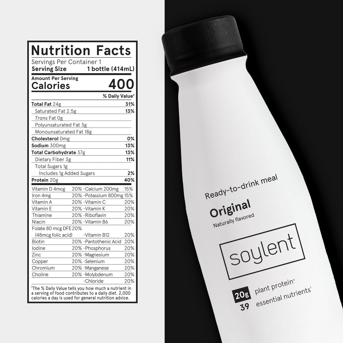 Soylent Complete Meal Replacement Shake, Original, 20g complete protein, 28 vitamins & minerals, low sugar, 14oz (Single Bottle)