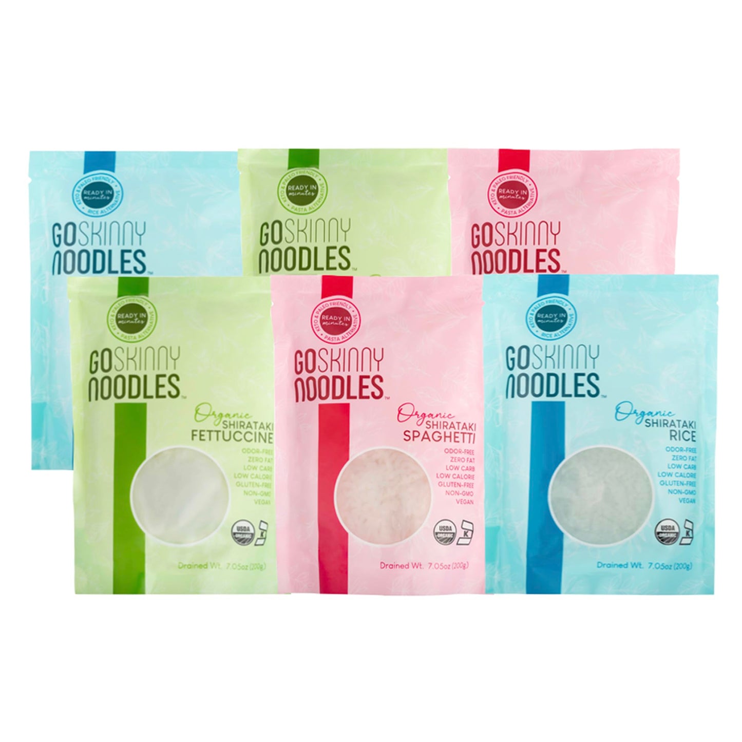Goskinny Noodles Combo (6 Pack)  Spaghetti  Fettuccine And Rice  Organic Shirataki & Konjac  Low Carb  Low Calorie  Gluten Free  Vegan  Keto  Ready In Minutes  Skinny Noodles  7.05 Oz