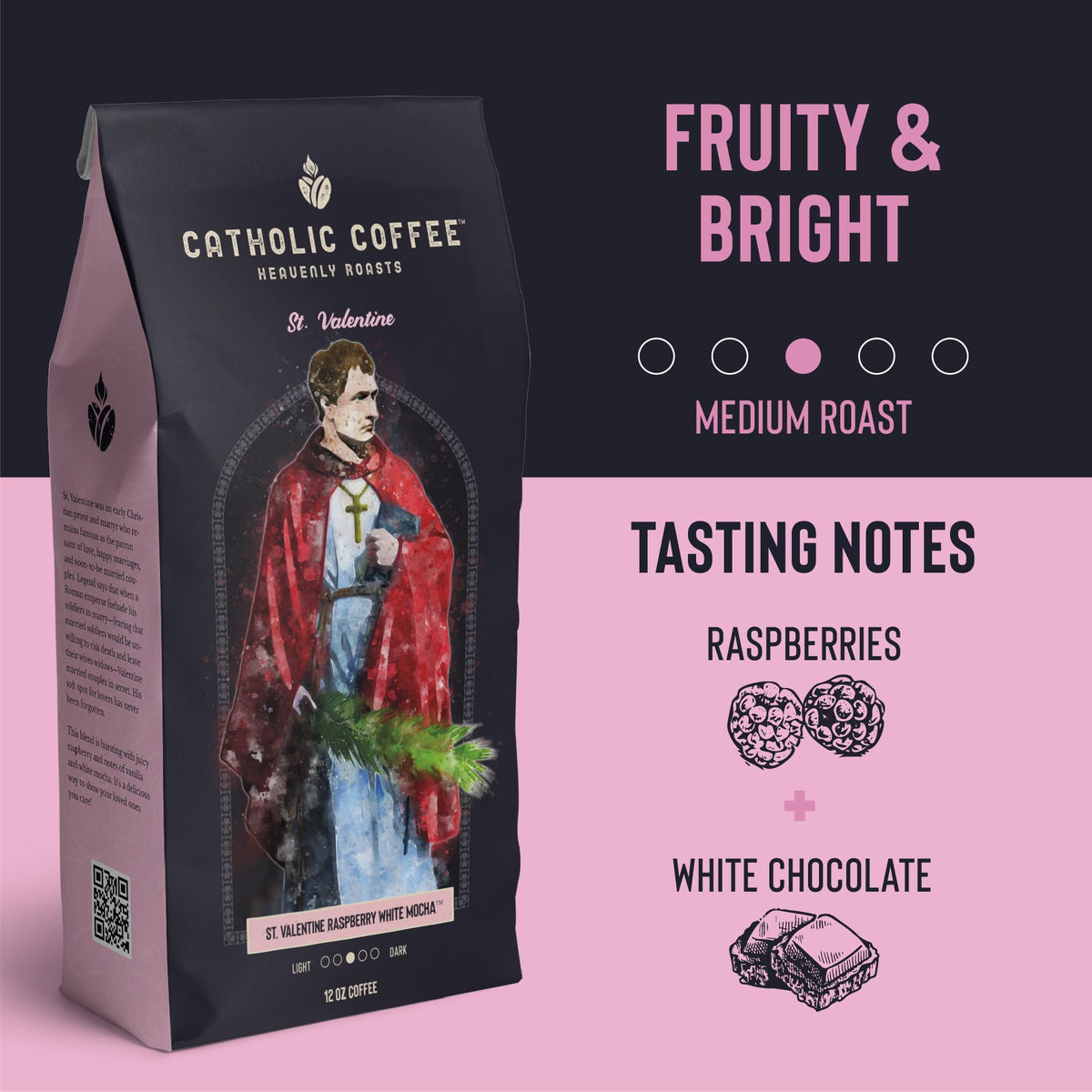 Catholic Coffee St. Valentine | Medium Roast Ground Coffee – Raspberry & White Chocolate Notes | 12Oz Bag – Sweet Catholic Gift For Loved Ones