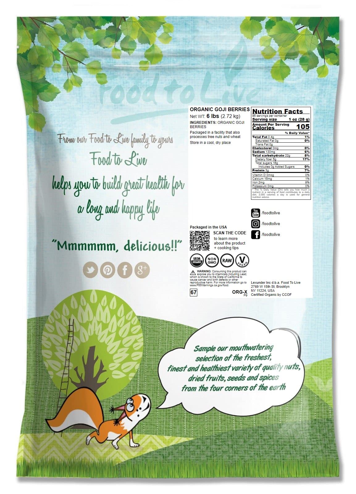 Food To Live Organic Goji Berries, 6 Pounds - Sun Dried, Large And Juicy, Non-Gmo, Raw, Vegan, Sirtfood, Bulk