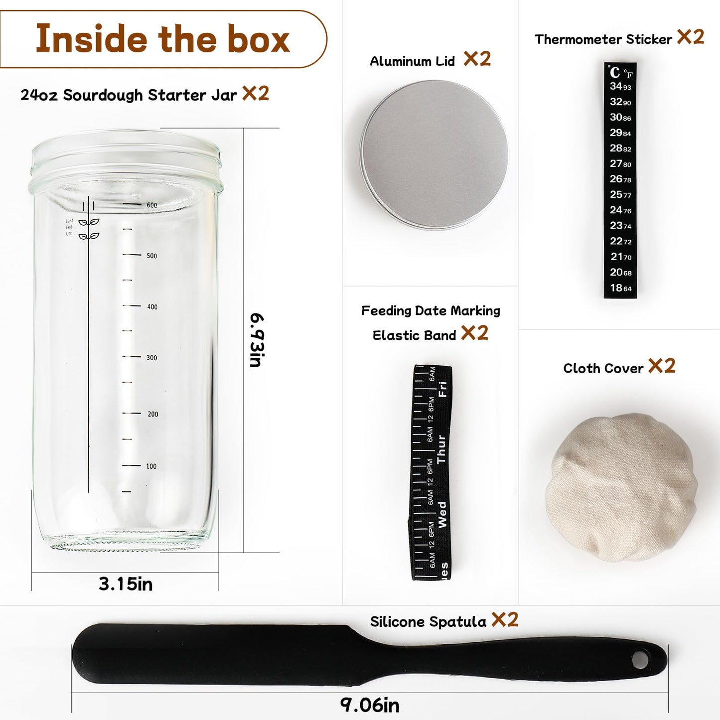 DWTS DANWEITESI Sourdough Starter Kit with Feeding Band, Thermometer, Jar Sc r, Cloth Cover & Aluminum Lid, 24oz-2pcs