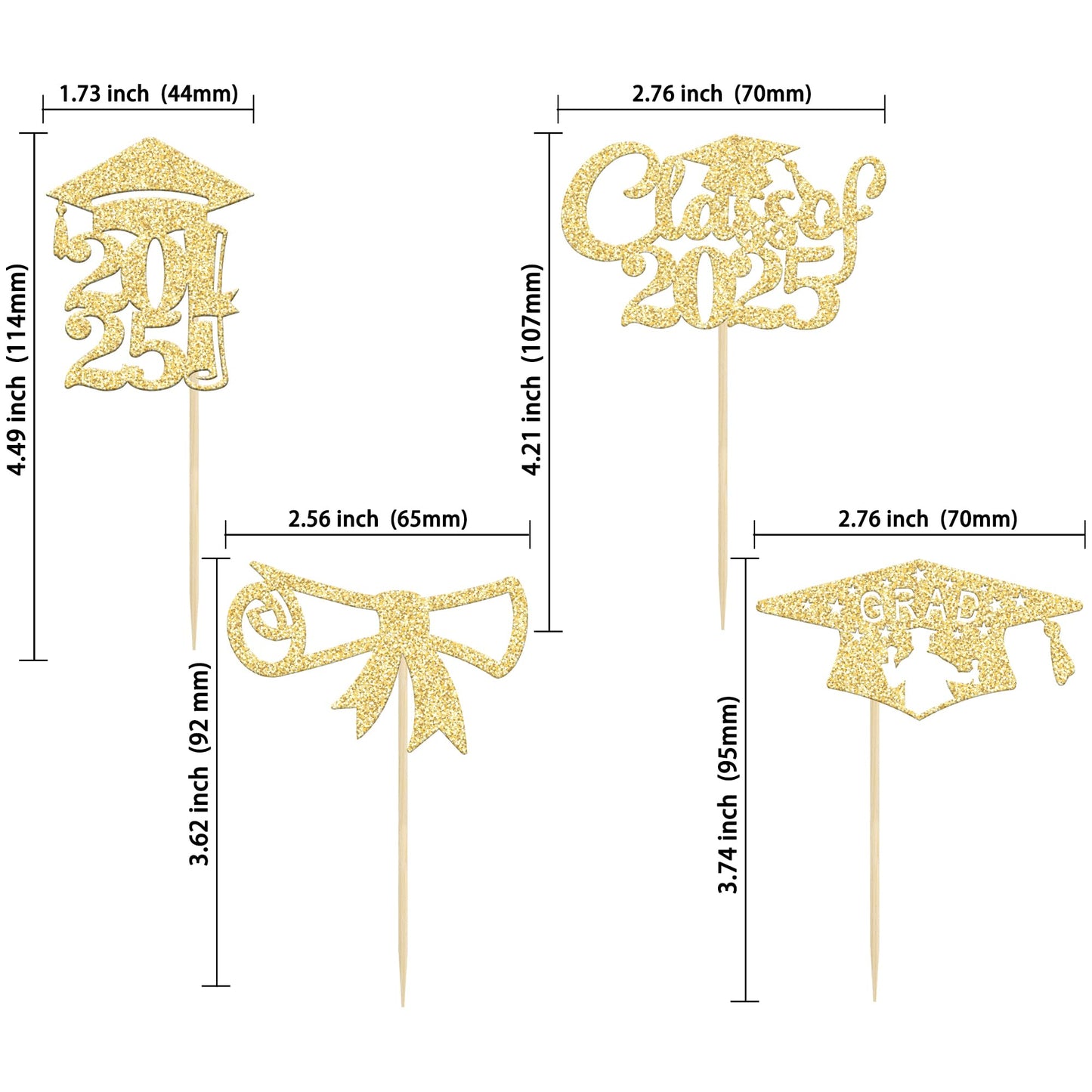 Gyufise Graduation Cupcake Toppers - 24 Pcs Gold Glitter Class of 2025 Diploma Caps for Party Decorations