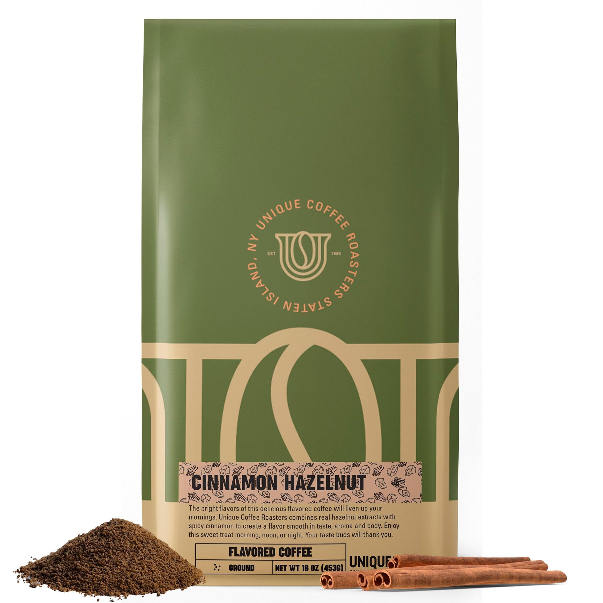 Cinnamon Hazelnut Flavored Ground Coffee, 1 LB (16 oz) bag, Medium Roast, 100% Arabica enhanced Quality Flavor