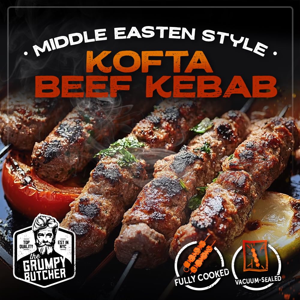 Grumpy Butcher Fully Cooked Beef Kebabs, 4 Pack (1 Lb Each) - Middle Eastern Style Kofta Kabob Made With Lean Ground Beef, Warm