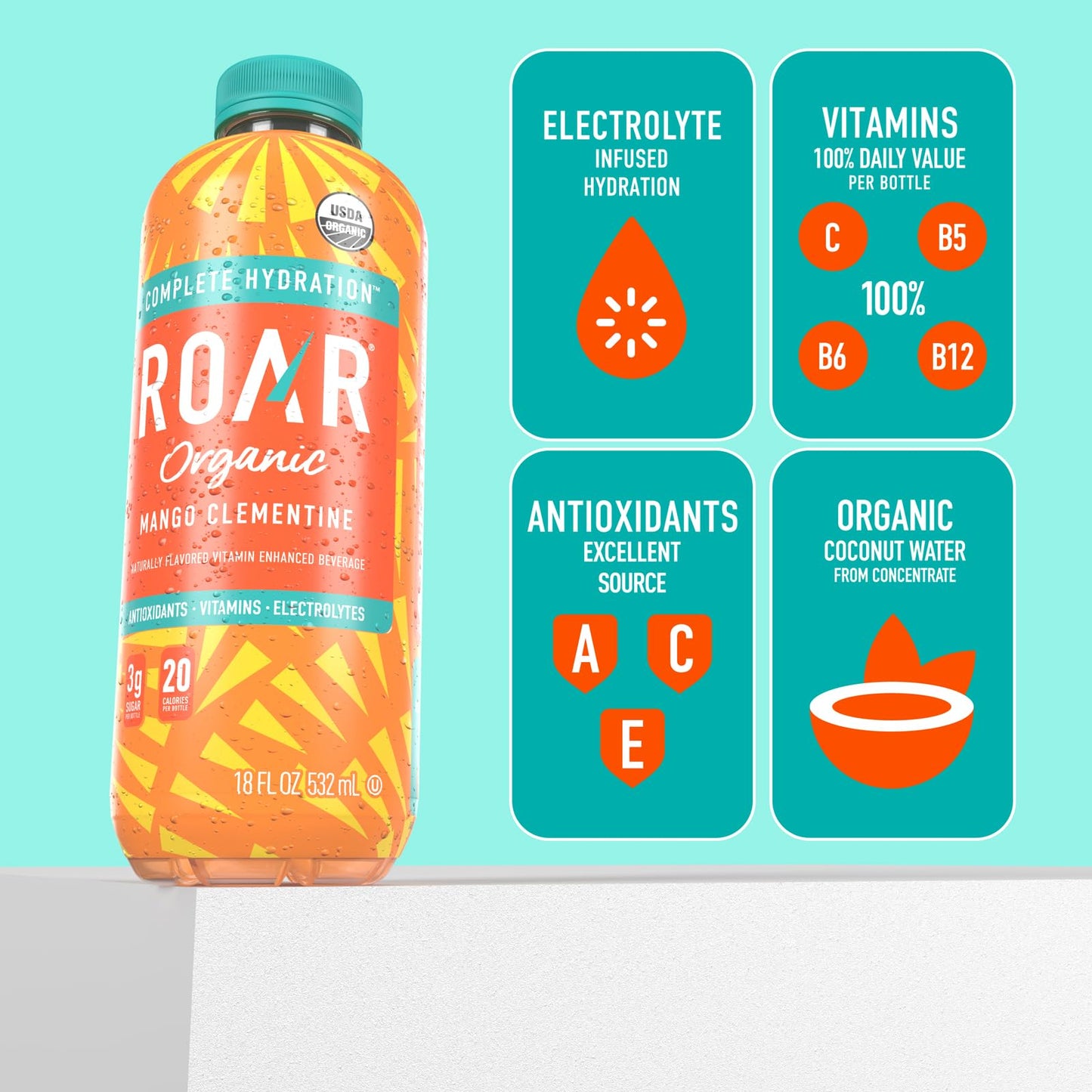 Roar Organic Electrolyte Infusions - Usda Organic - Mango Clementine - With Antioxidants, B Vitamins, Low-Calorie, Low-Sugar, Low-Carb, Coconut Water Infused Beverage 18 Fl Oz (Pack Of 12)