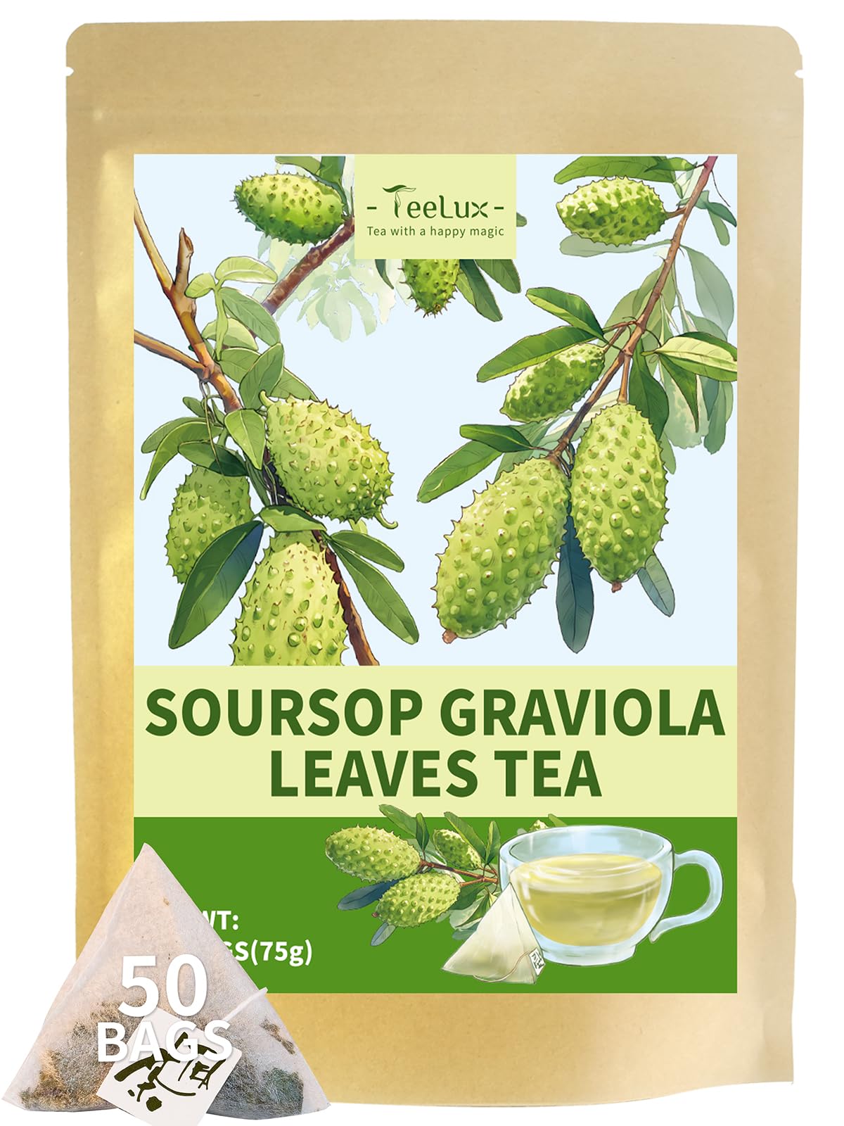 TeeLux Soursop Graviola Leaf Tea Bags, Caffeine Free, Mild & Smooth Taste, 50 Count