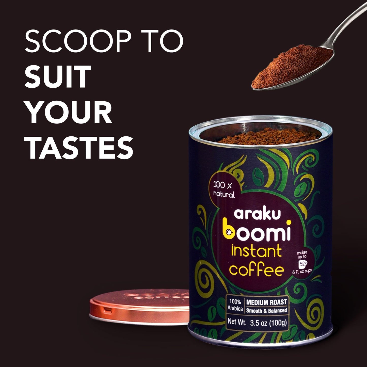 BOOMI INSTANT COFFEE Premium Single Origin Instant Coffee Powder, Medium Roast, 100% Arabica, Low Acid, 3.5oz Tin
