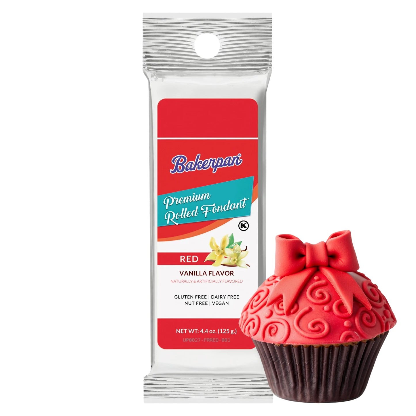 Bakerpan Premium Rolled Red Fondant for Cake Decorating, Vanilla Flavor - 4.4 Ounces