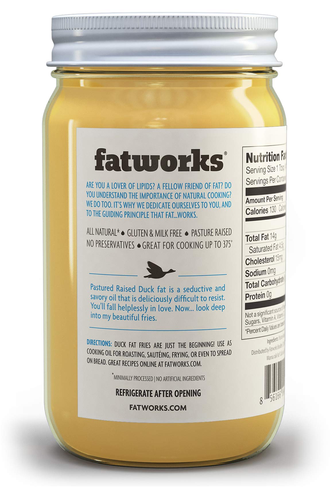 Fatworks Duck Fat Cooking Oil, Premium Gourmet, Kettle Rendered, Whole30, Keto, Paleo, 14 oz