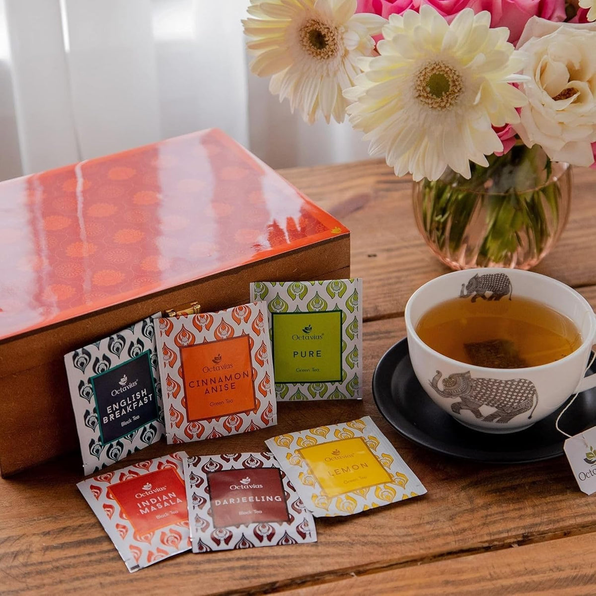 Octavius Gifts Select - Assorted Tea In Lotus Printed Wooden Box | 6 Flavors, 90 Tea Bags | Black & Green Tea | Tea Gifts For Women & Men | Tea Variety Pack