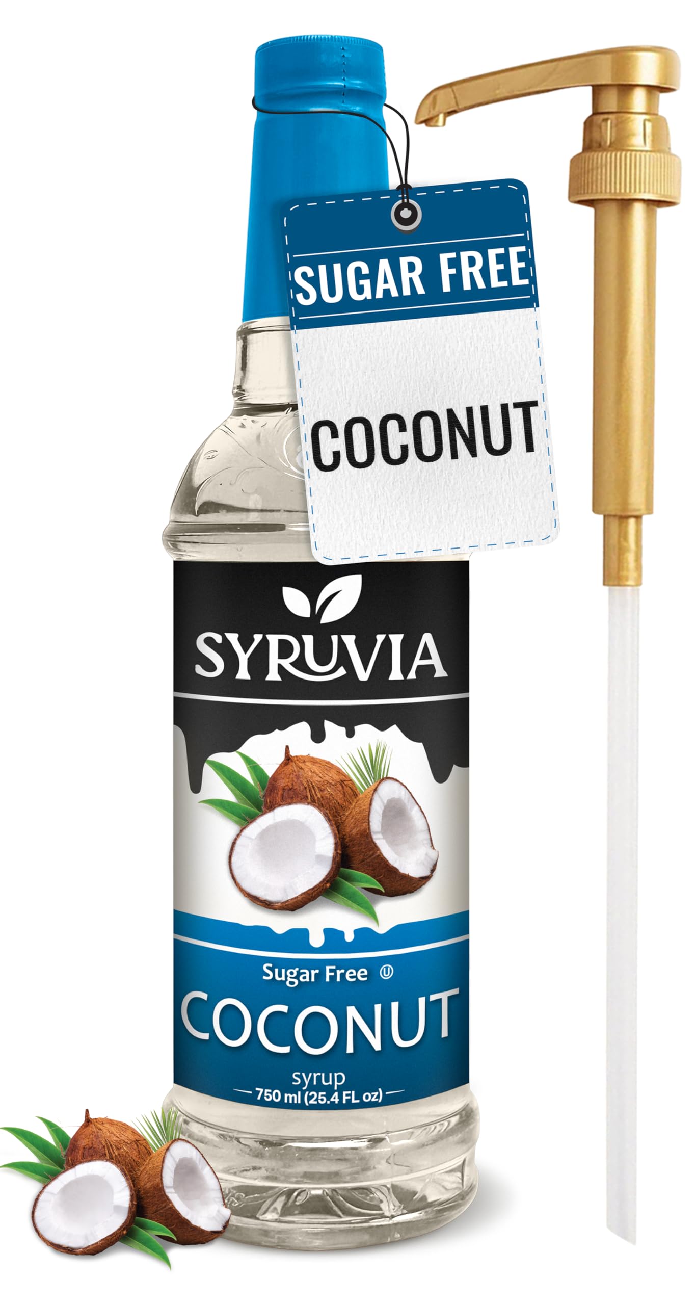 Syruvia Sugar Free Coconut Syrup With Syrup Pump Dispenser - Coconut Coffee Syrup Flavor, 25.4 fl oz, Kosher, Gluten Free, Perfe
