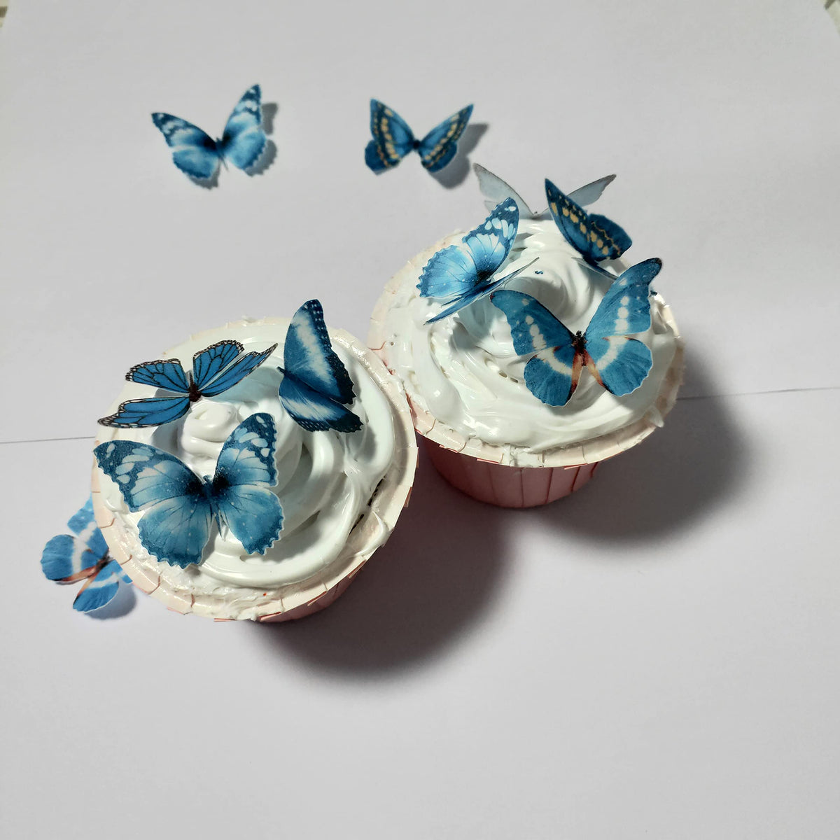 Edible Wafer Paper Butterfly Set 28 Blue Cake Decorations, Cupcake Topping