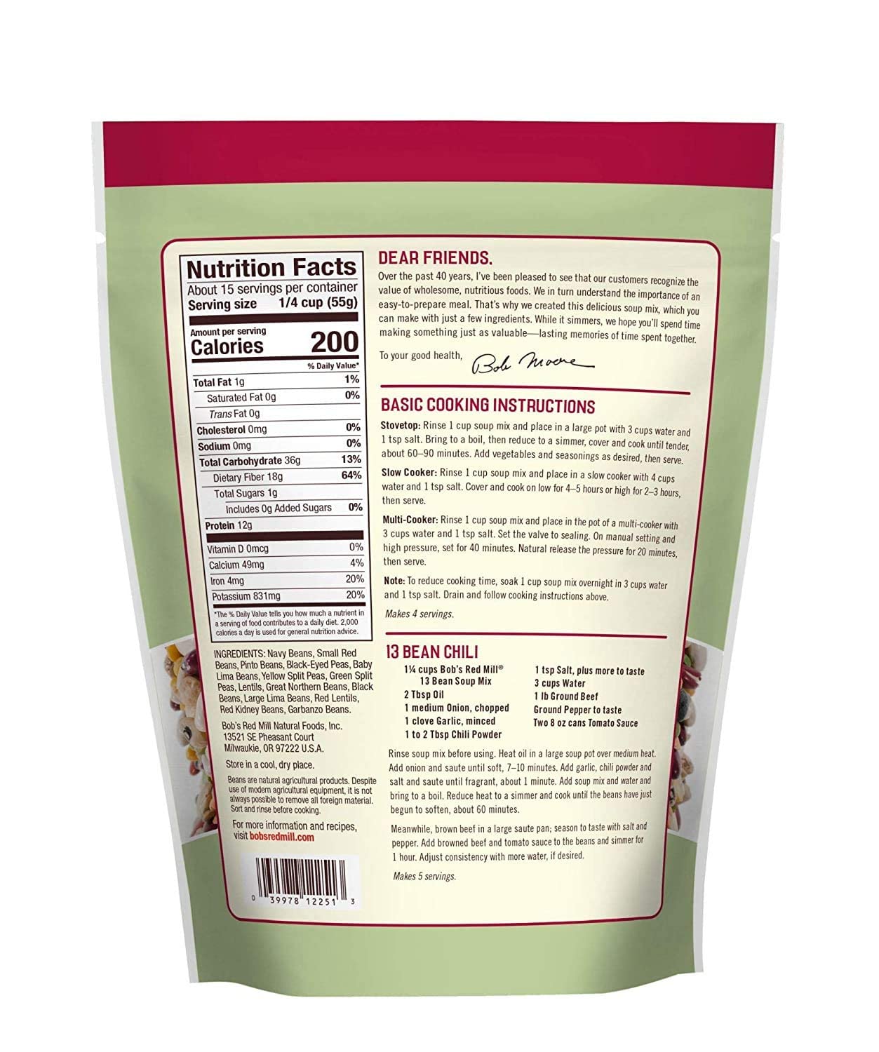 Bobs Red Mill 13 Bean Soup Mix, 29oz (Pack of 1) - Non GMO, Vegan, Kosher