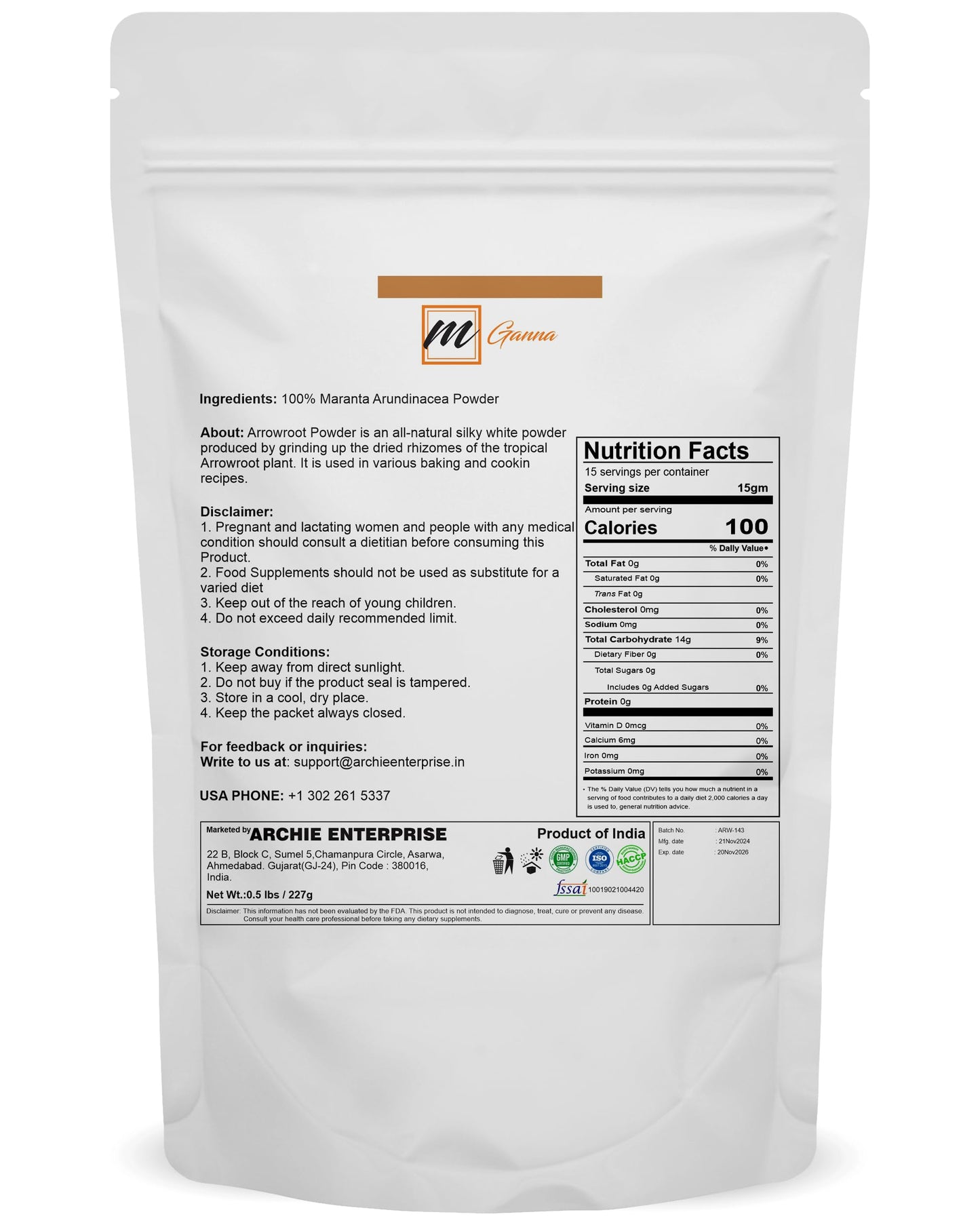 mGanna 100% Natural Arrowroot Powder 227 g / 0.5 lbs for Baking and Food Recipes (Maranta arundinacea)