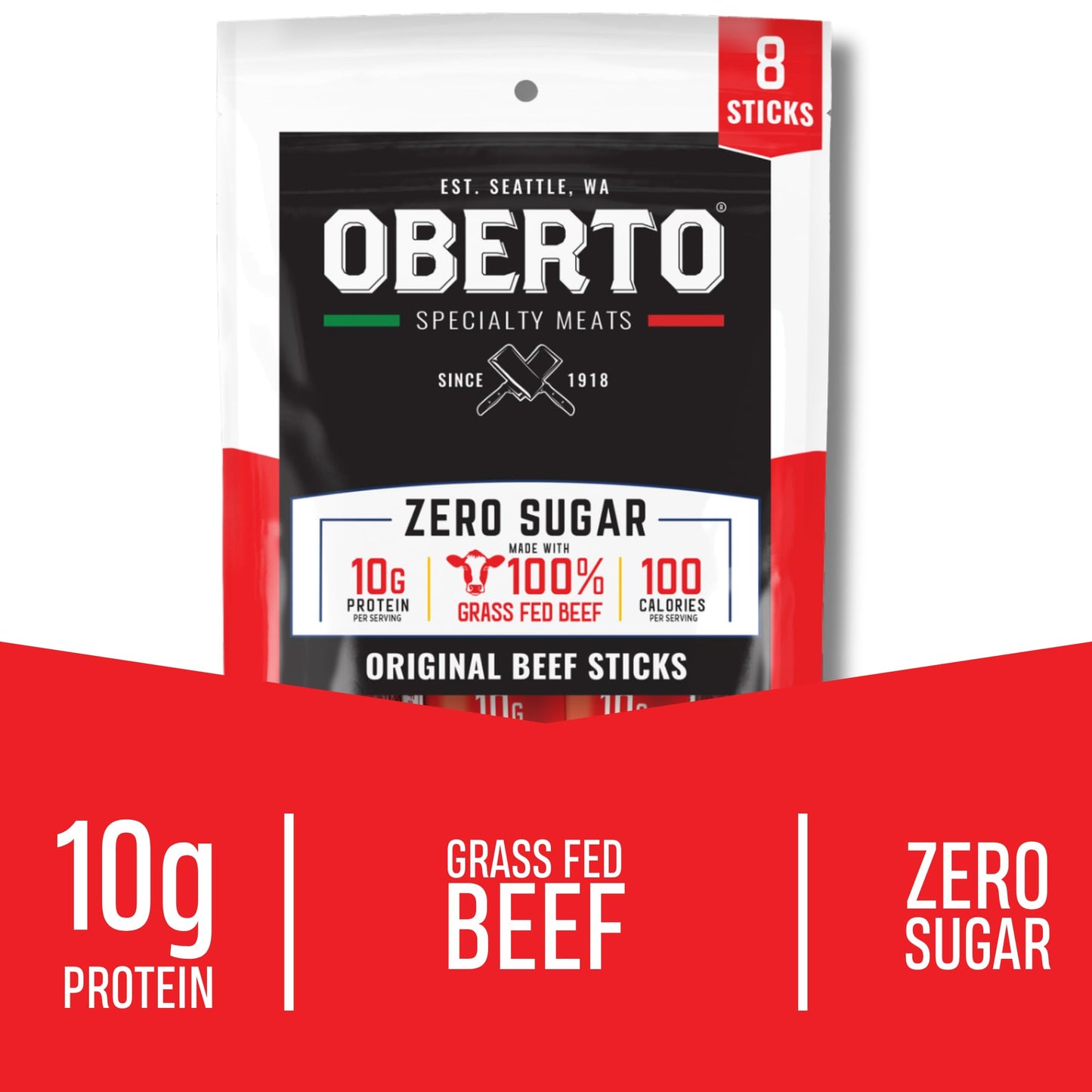 Oberto Grass Fed Beef Sticks - Original  Zero Sugar  No Artificial Ingredients  High Protein  Gluten Free  Wood Smoked  enhanced Grass Fed Meat Sticks  High Protein Snacks  1.15 Ounce (Pack of 8)