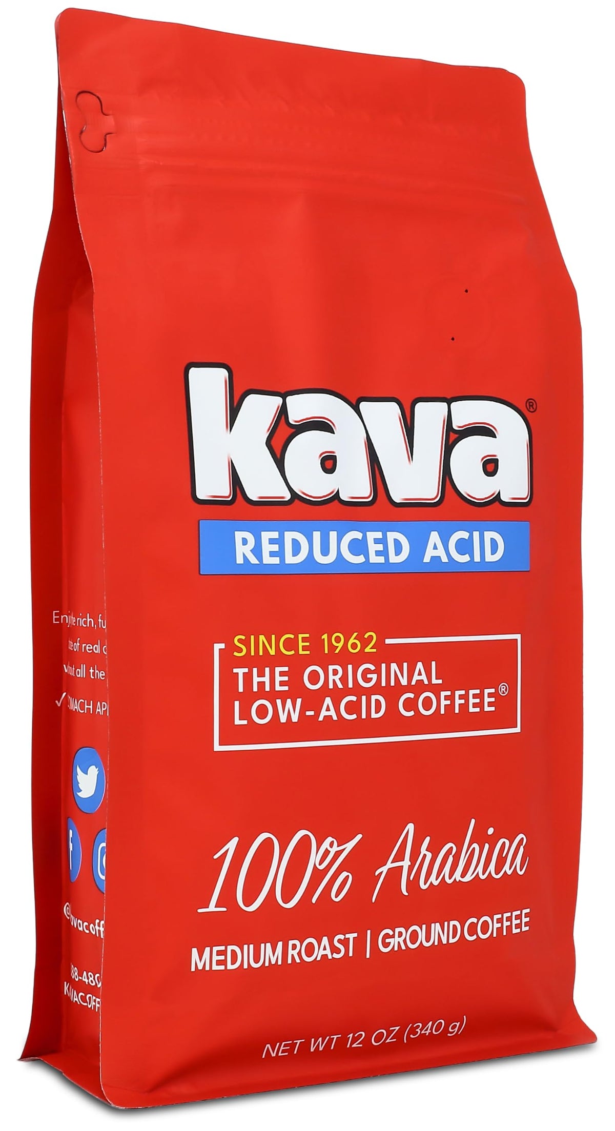 Kava Low Acid Neutralized Ground Coffee - Medium Roast Arabica, Smooth Flavor, 12 Ounce Bag (Pack of 1)