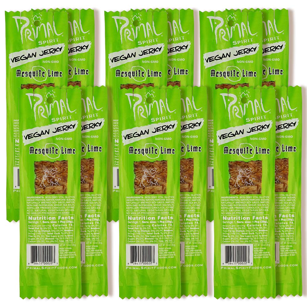 Primal Spirit Vegan Jerky - Classic Flavor, Mesquite Lime, 12 Pack (1 oz each), Plant-Based Protein, Non-GMO, No Preservatives