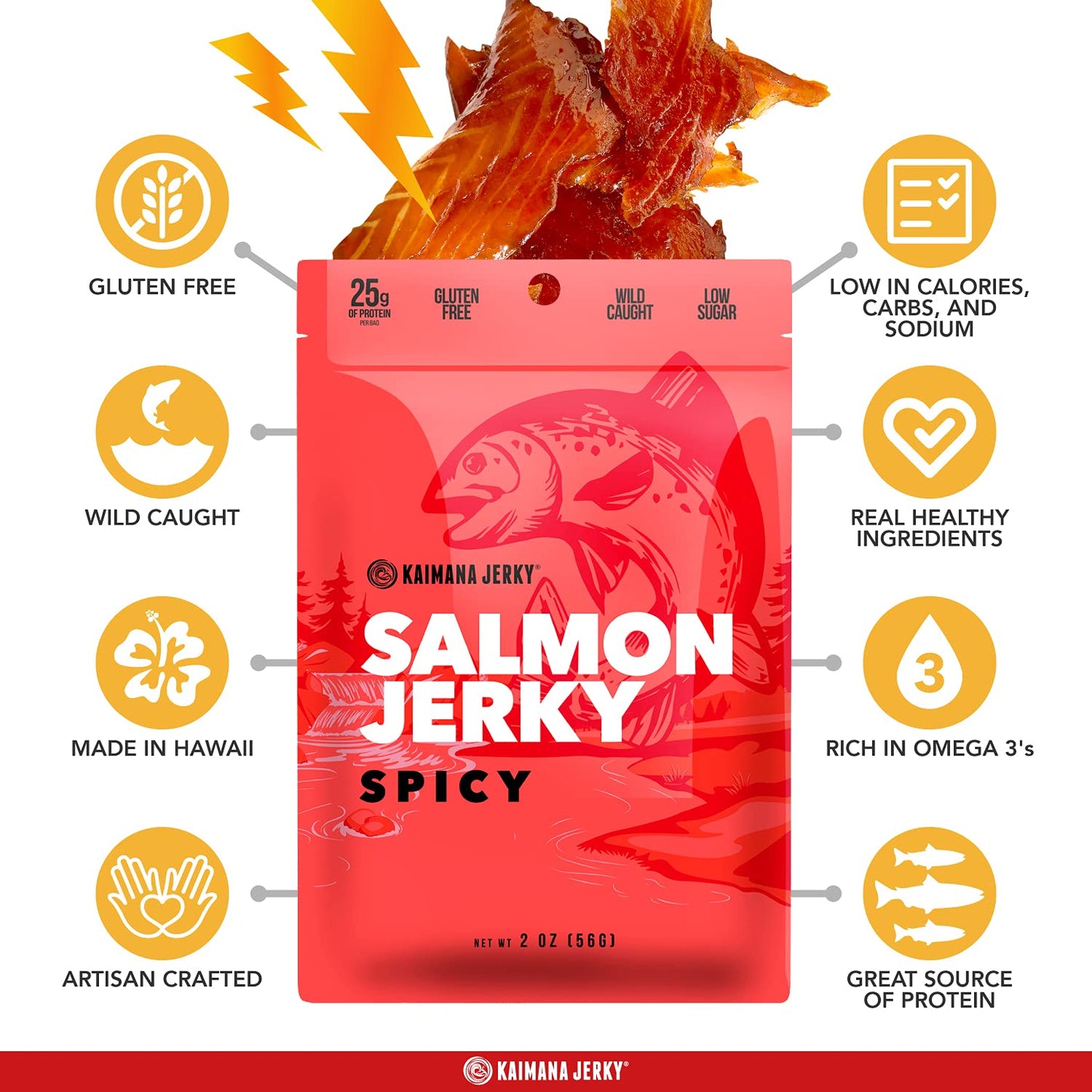 Kaimana Jerky Wild Caught Salmon Jerky - Organic, Low-Calorie, Spicy Flavor - 2oz Pack