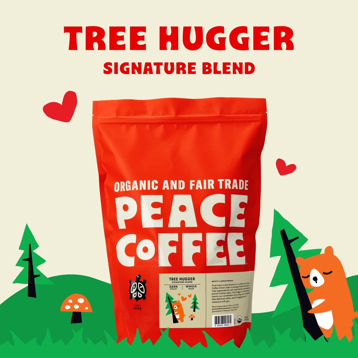 Peace Coffee Tree Hugger Signature Blend | 5 Lb Whole Bean Dark Roast | Organic Fair Trade | Soft, Smooth Flavor | Shade Grown,