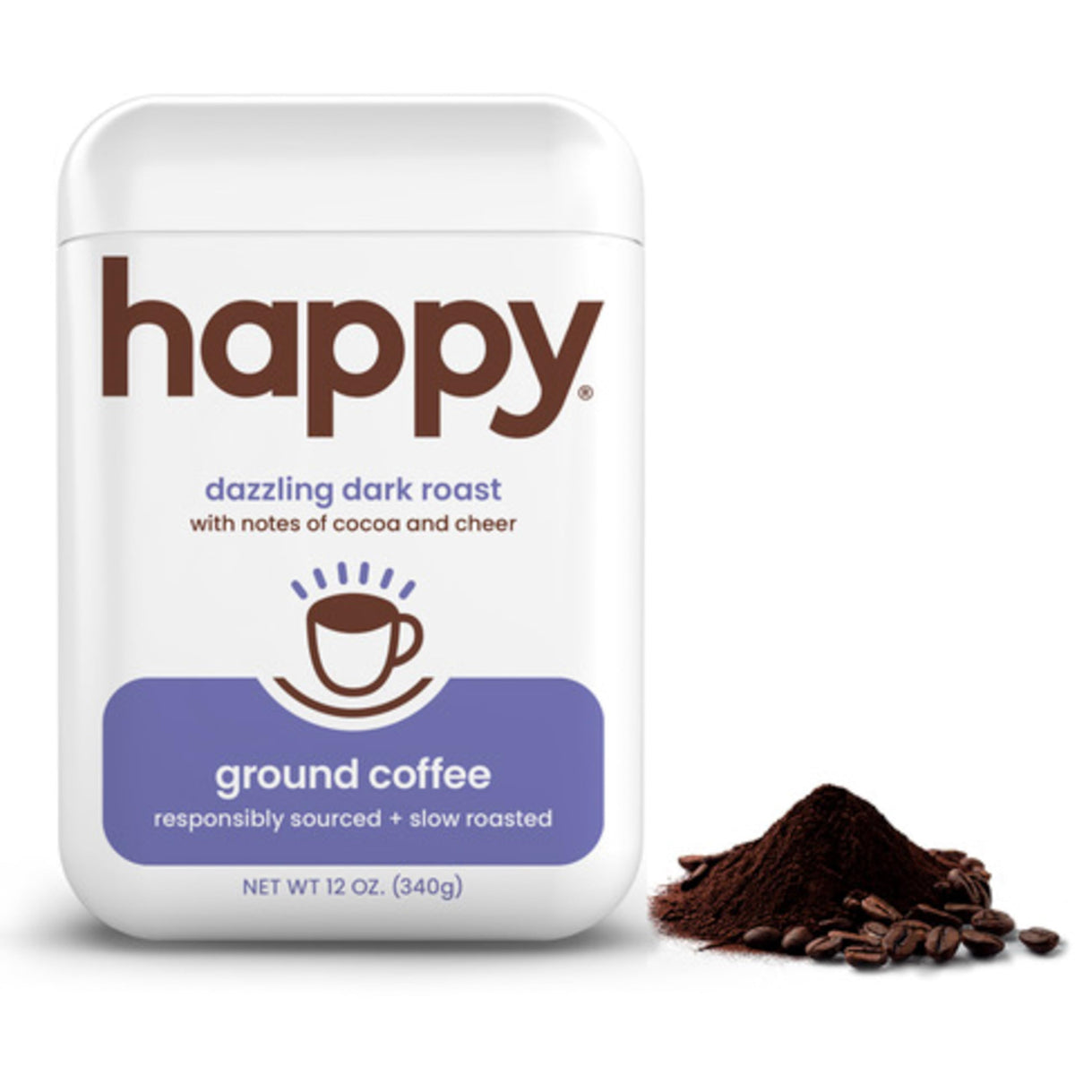 happy coffee dark roast ground coffee, 12 oz., notes of cocoa & cheer, recyclable container, grown & harvested in Brazil, Rwanda