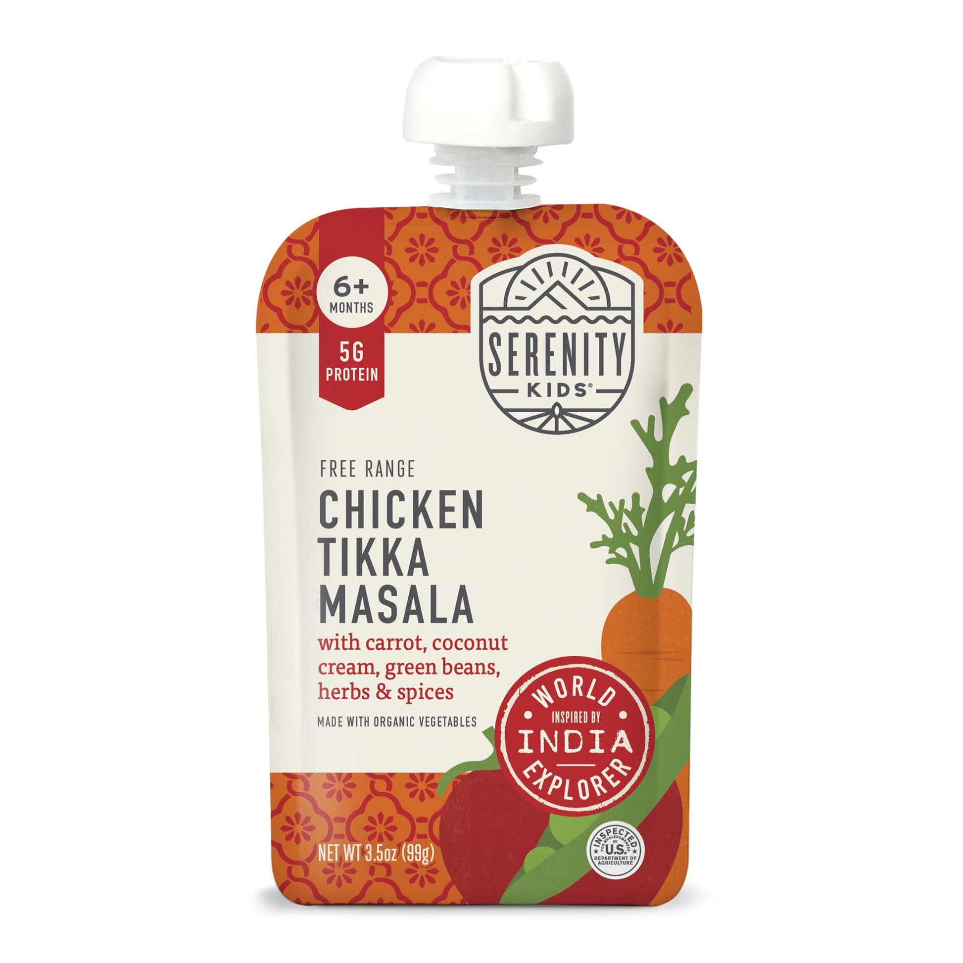 Serenity Kids 6+ Months Toddler Food Pouches - 3.5 Oz, Pack Of 6-5G Protein & Baby Food Protein Pouches - Chicken Tikka Masala & Chicken Puree - Quick Toddler Meals & Baby Snacks