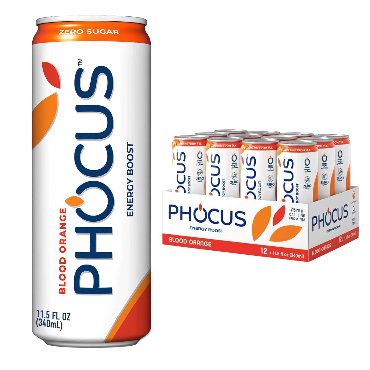 CLEAR CUT PHOCUS Caffeinated Sparkling Water, Blood Orange, 75mg Caffeine, Zero Sugar, 11.5 fl oz Cans, Pack of 12