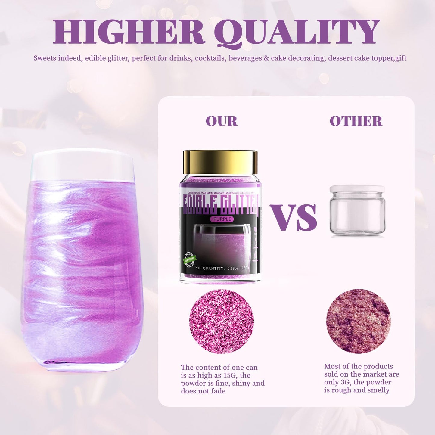LOCDO Edible Glitter, Food Grade Luster Dust, Vegan, Allergen-Free, Large 15G, Purple