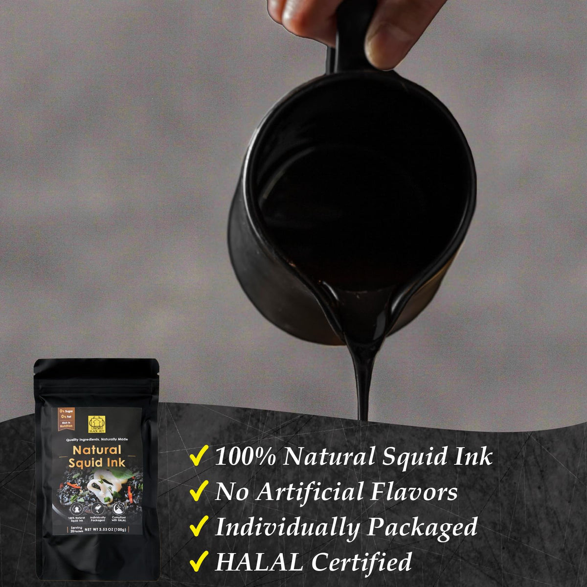 BLACK HUT Black Squid Ink (5g x 20 Pack) - Food Coloring for Rice, Noodles, Pasta, Baking - Halal Certified, 3.53 oz / 100 g