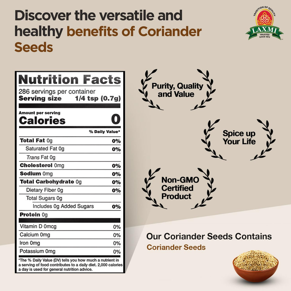 Laxmi Whole Coriander Seeds, Non-GMO, 200g (7oz), Premium Quality