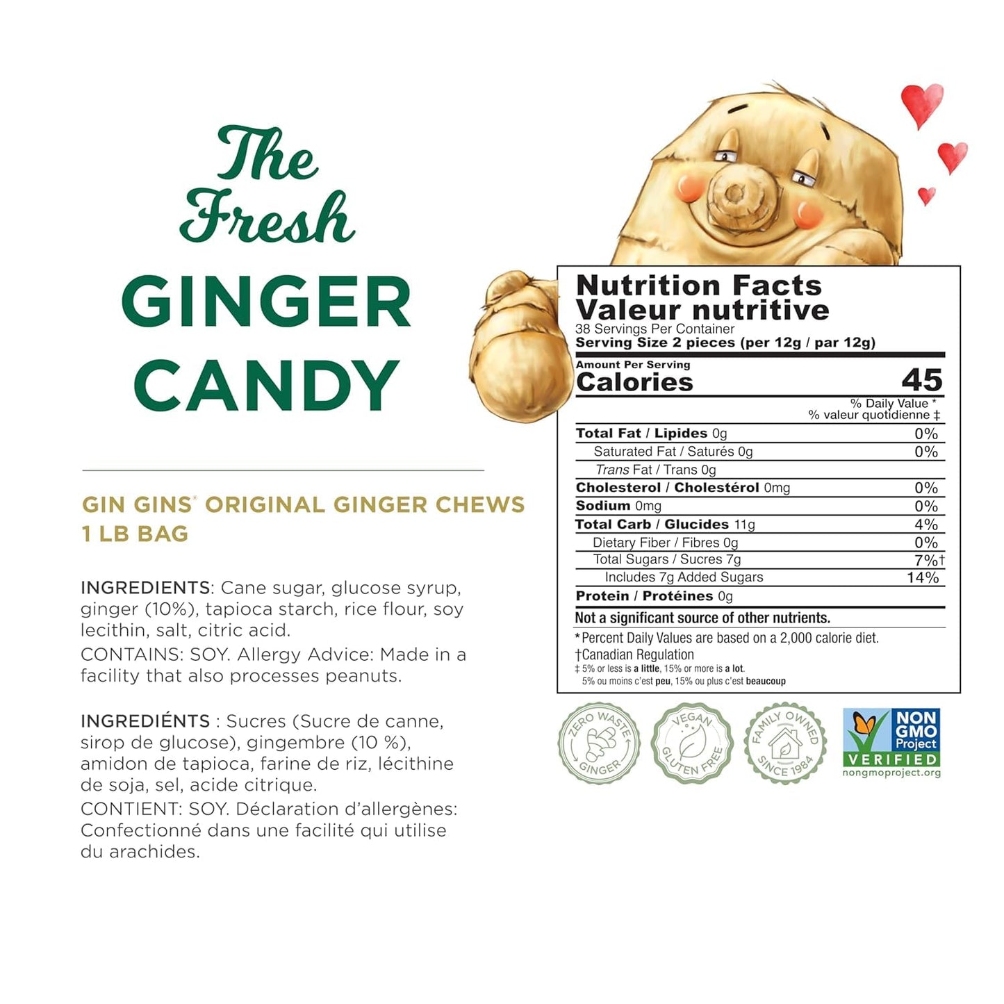 GIN GINS Original Ginger Chews - Natural Fresh Ginger Candy by The Ginger People - Individually Wrapped Healthy Candy - Original Flavor - Large 1 lb Bag (16oz) - Pack of 2