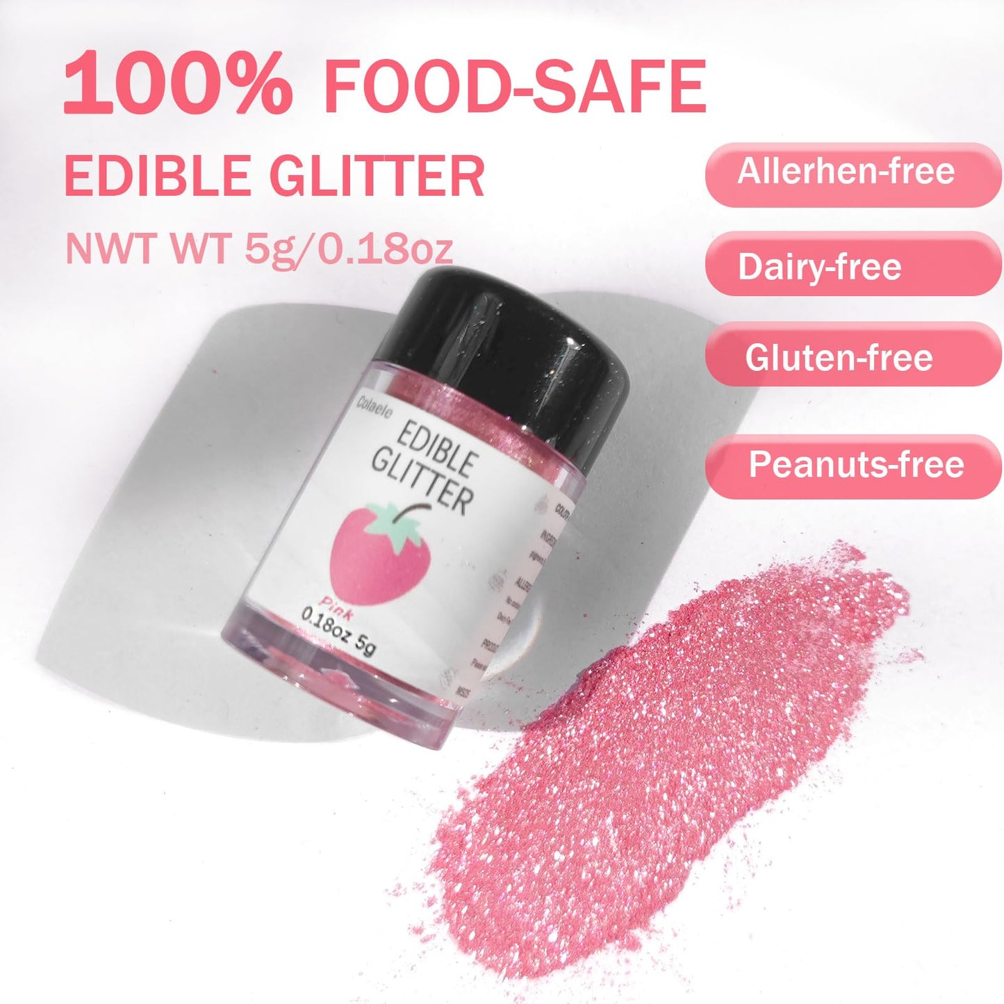 Colaele Pink Edible Glimmer Powder Glitter - Food-Grade Luster Dust, 5g, Vegan