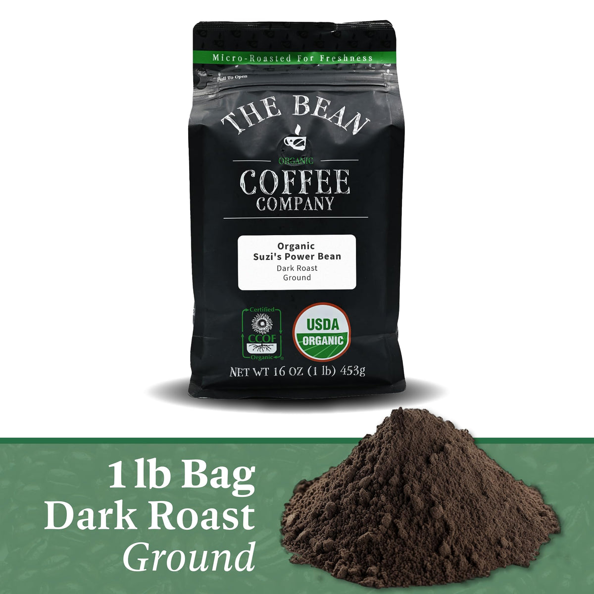 The Bean Organic Coffee Company Suzis Power Bean, Dark Roast, Ground Coffee, 16-Ounce Bag, Caf   molido tostado org  nico