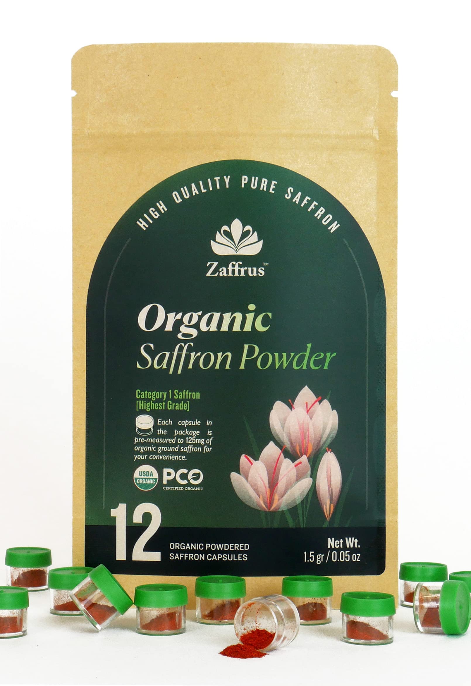 Zaffrus Organic Saffron Powder for Cooking - 12 Count (1.5 gram each)