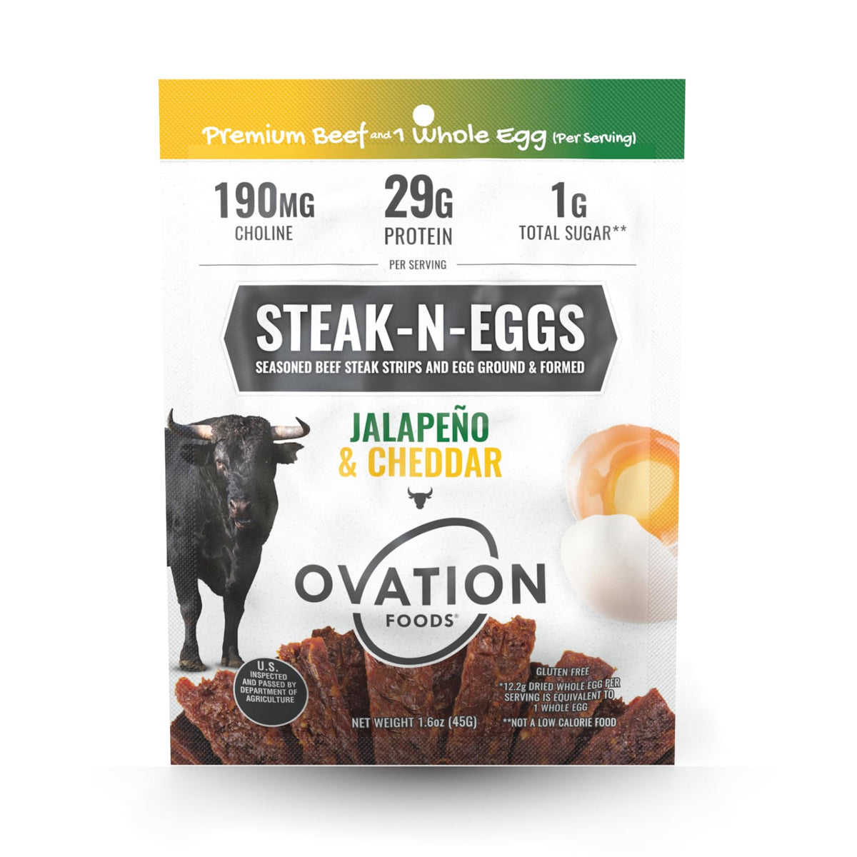Ovation Foods Steak-N-Eggs Beef Layers 1G Sugar  High-Protein Jerky (29G Top-Grade Protein)  Gluten Free  Keto  190 Mg Choline Paleo 1.6Oz Bag - Jalapeno Cheddar
