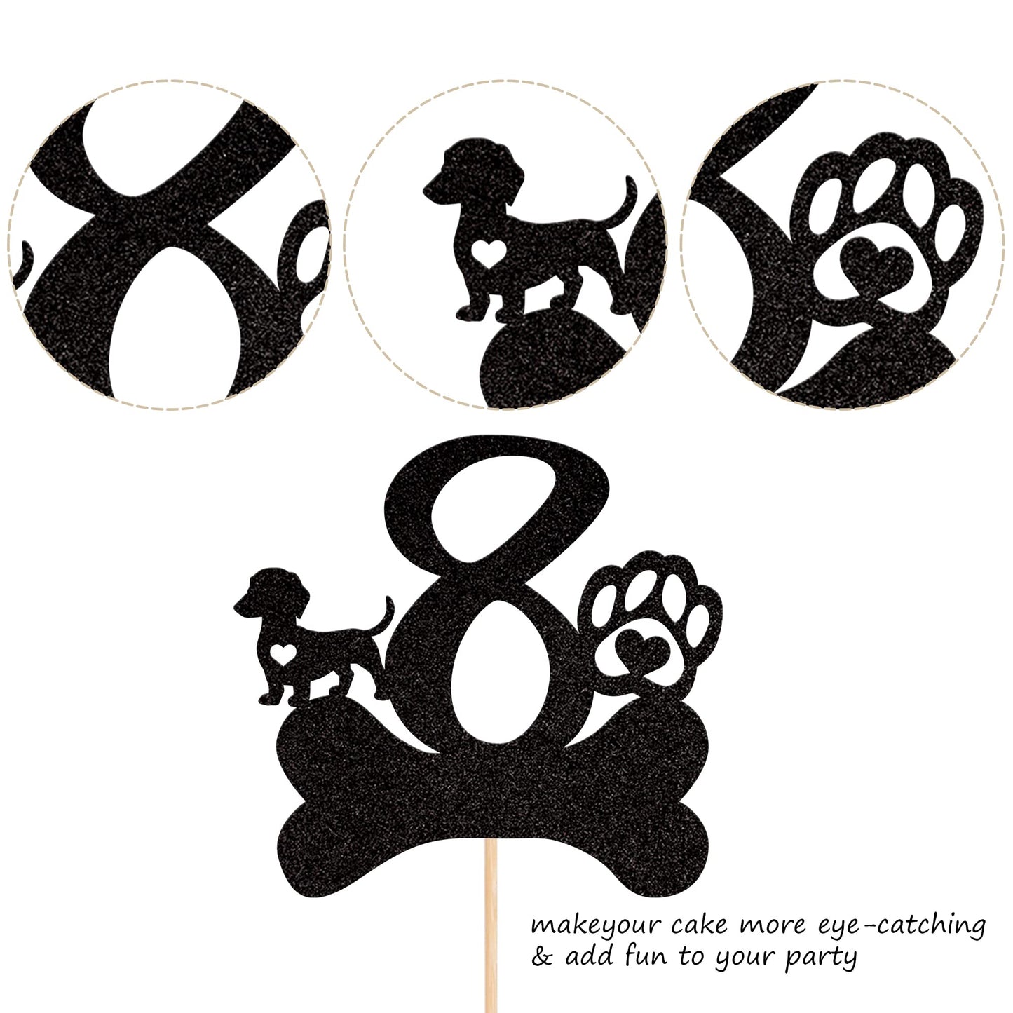 ZHUOWEISM 8th Birthday Cake Topper Black Glitter Dog Paw for Kids Party Decorations