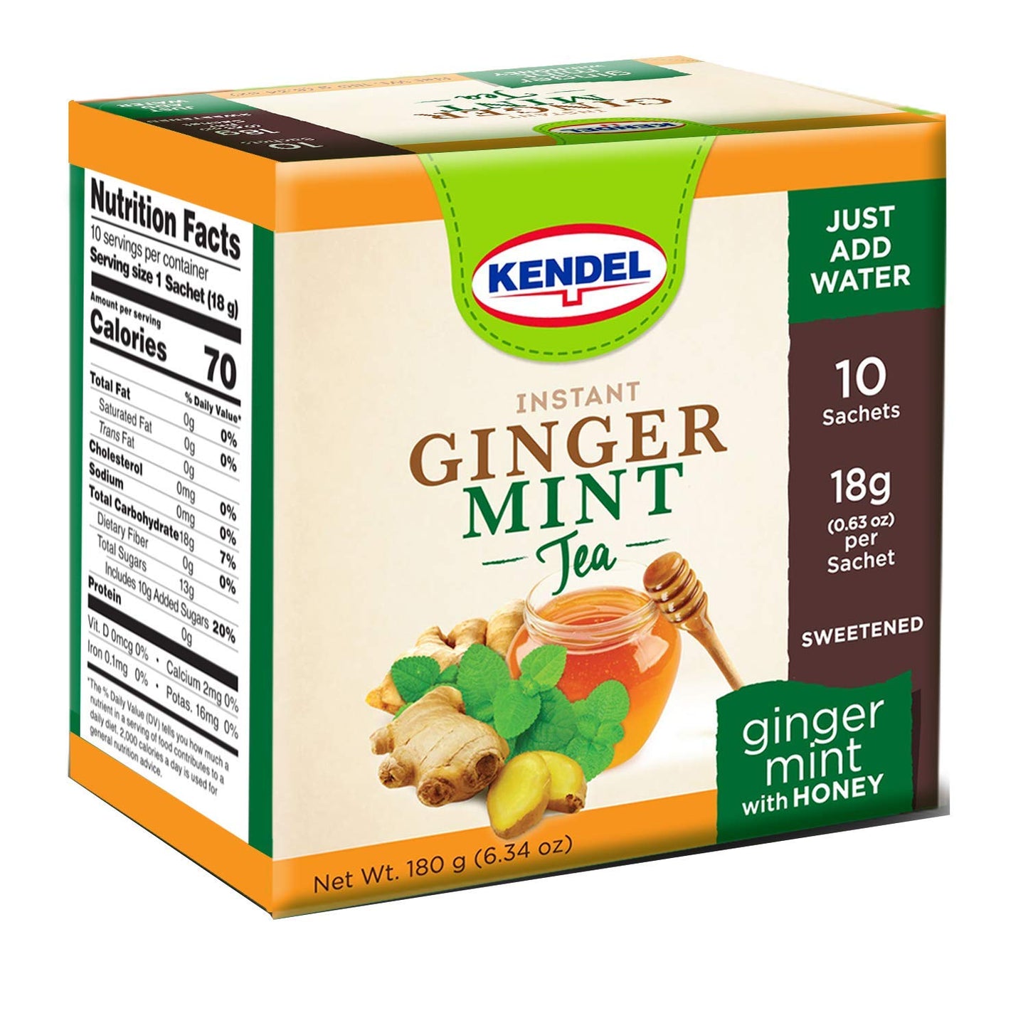Kendel Instant Ginger Mint Tea with Honey, Caffeine Free, 14 Sachets, Non-GMO