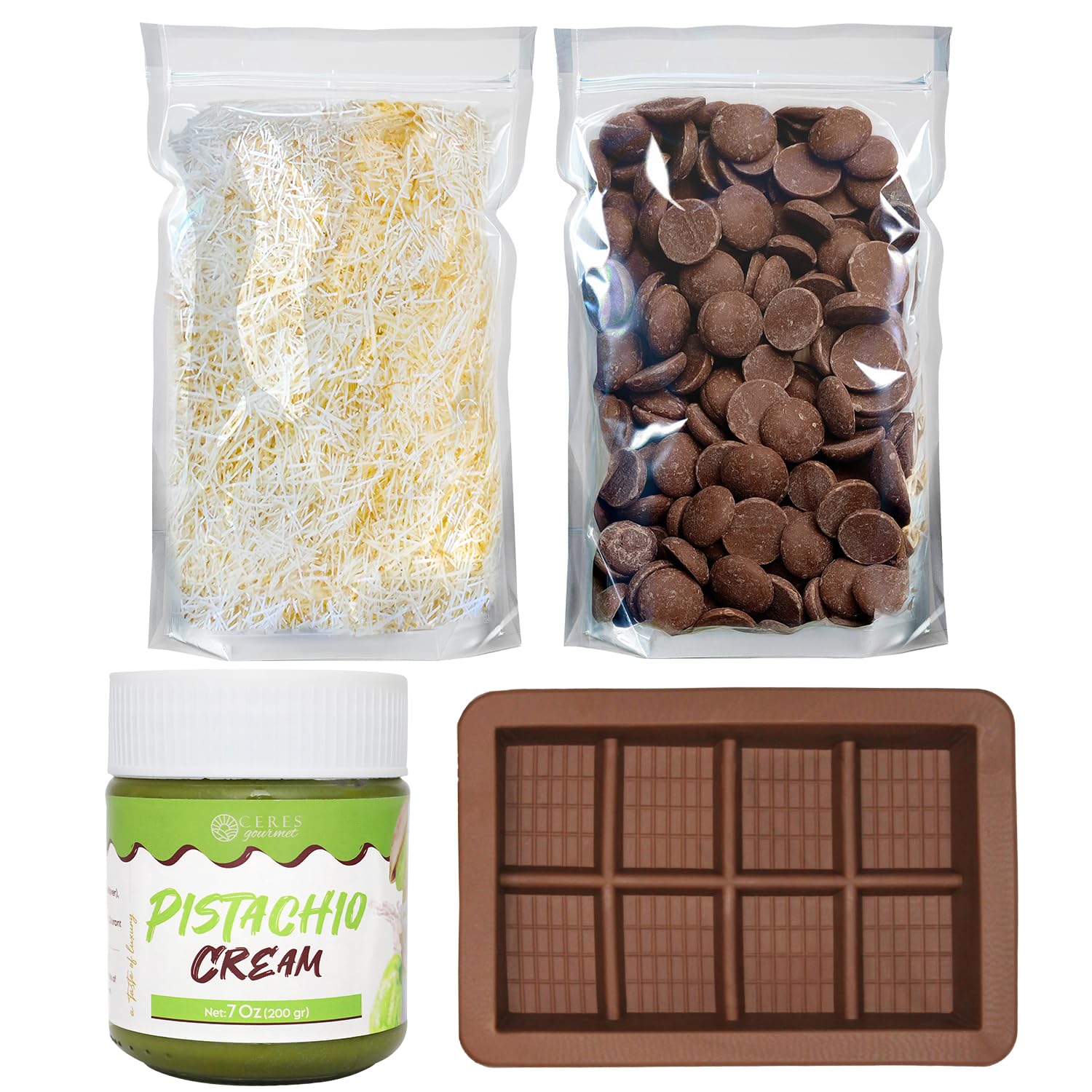 Ceres Gourmet Chocolate Bar DIY Kit – Mold, Melting Wafers, Kataifi, Pistachio Spread – 12.3 oz, 3.5 oz, 7 oz