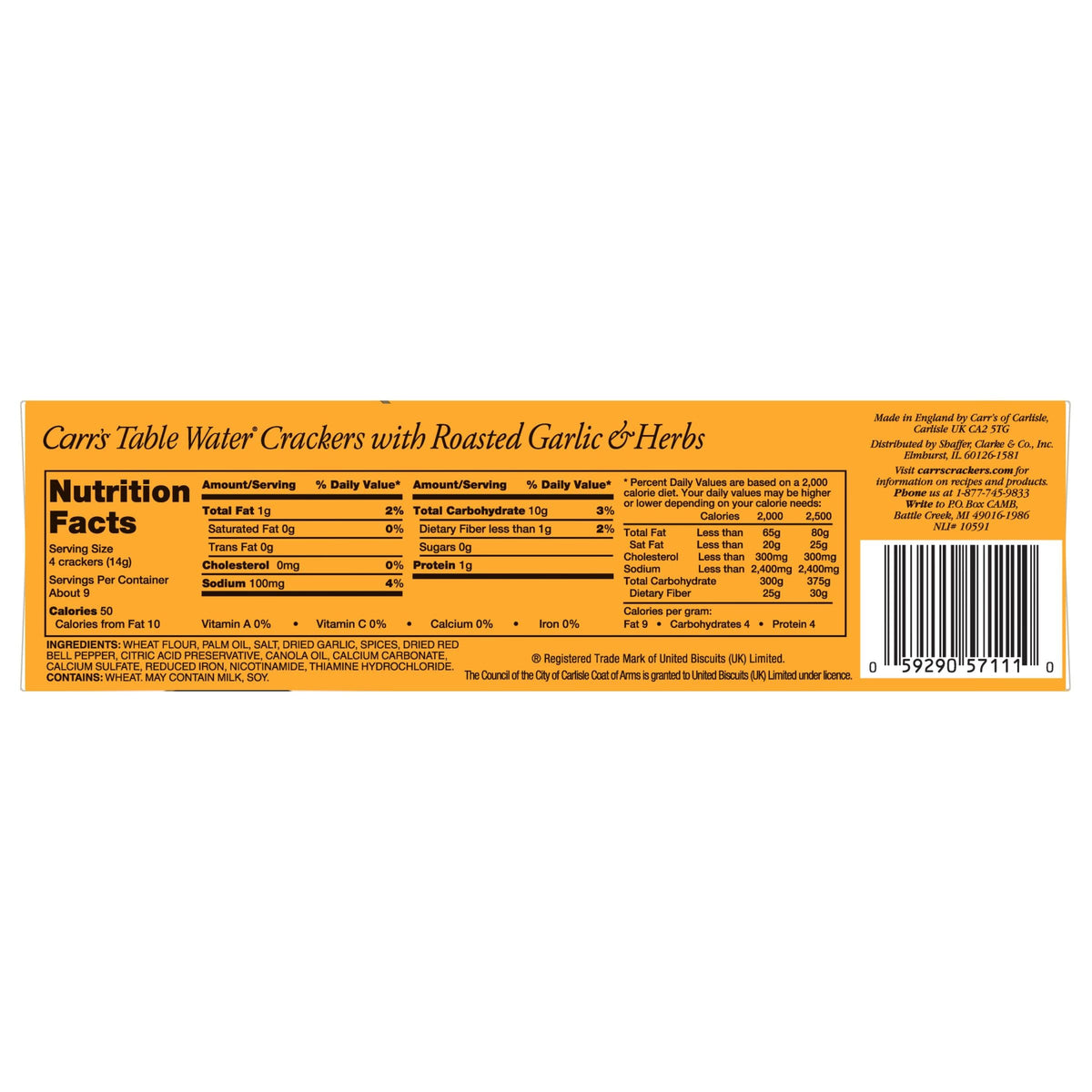 Carrs Table Water Crackers, Baked Snack Crackers, Party Snacks, Roasted Garlic and Herbs, 4.5oz Box (1 Box)