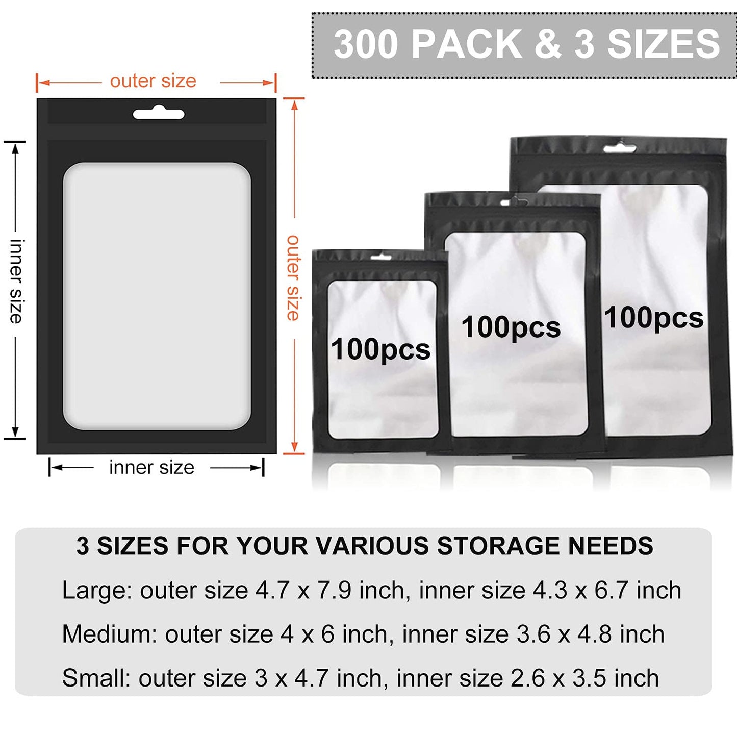 MEACOLIA 300 Pack Resealable Mylar Bags - Smell Proof Food Storage Pouches, Black, 3 Sizes (3x4.7, 4x6, 4
