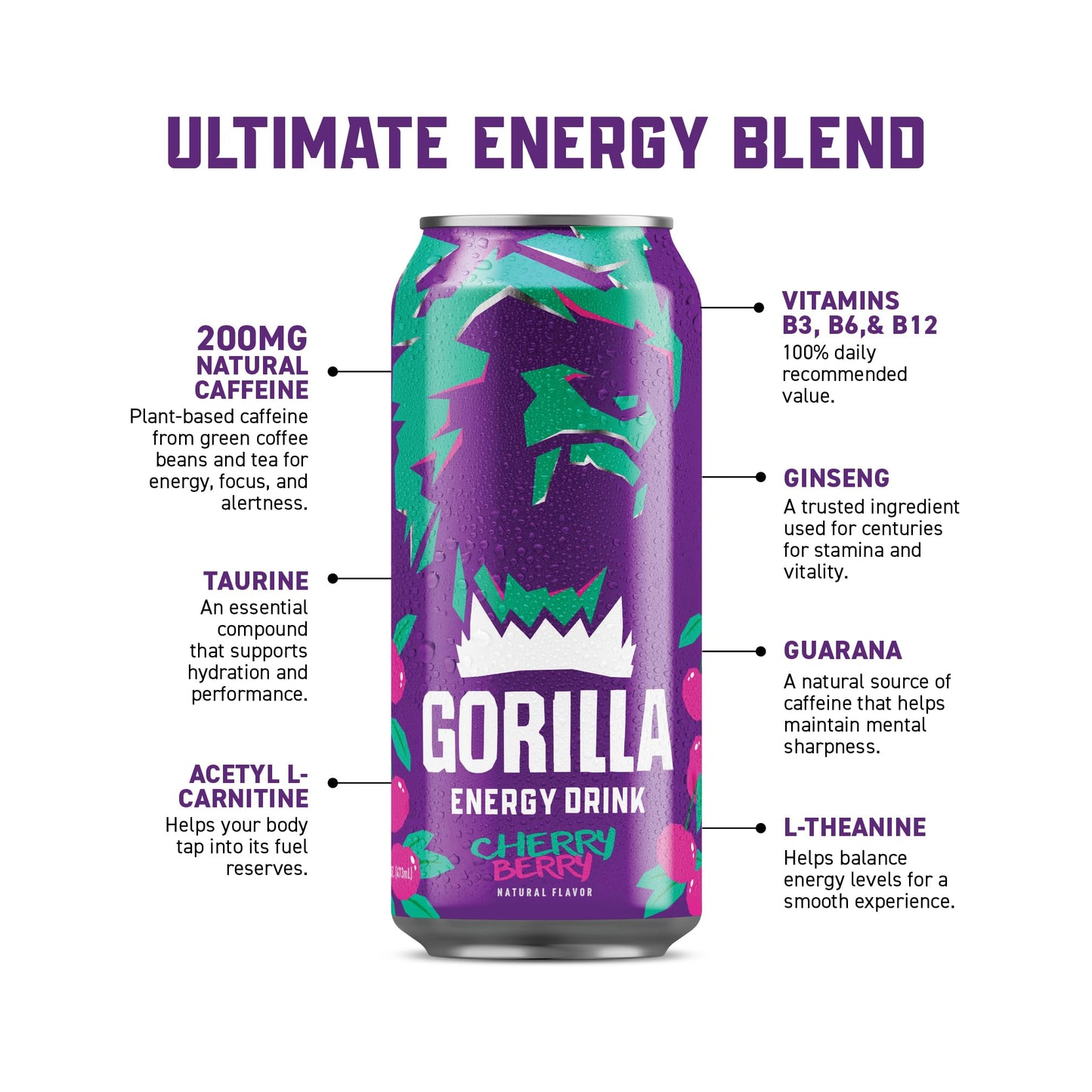 Gorilla Energy Drink, Cherry Berry, 200Mg Natural Caffeine, Real Fruit Juice Squeezed & Concentrated, L-Theanine, Taurine, Ginseng, Acetyl L-Carnitine, No Added Sugar And No Artificial Colors, 12 Pack