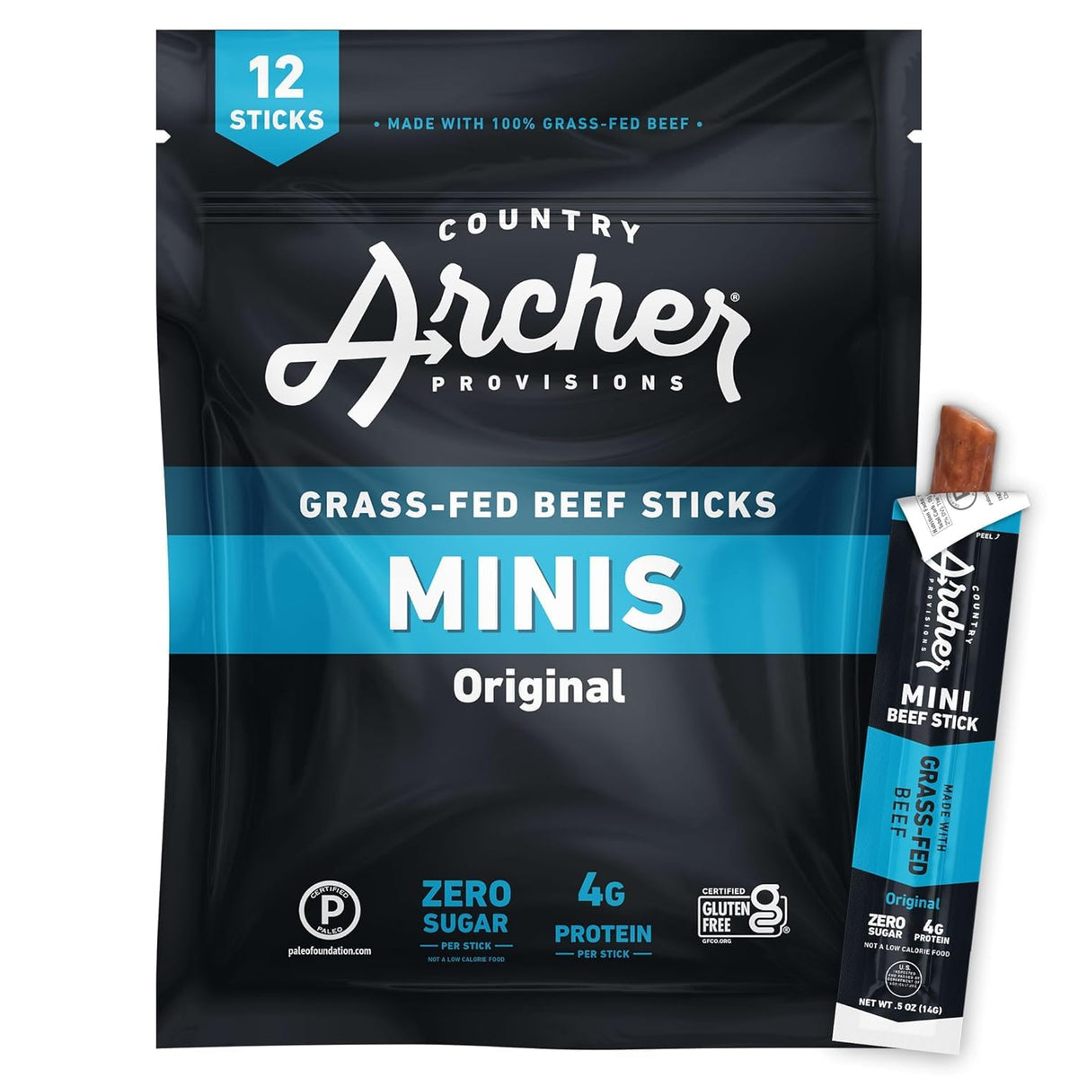 Country Archer Mini Beef Jerky Sticks - Grass Fed Beef Sticks Individually Wrapped, Mini Beef Sticks Bulk, Beef Jerky Snack Pack