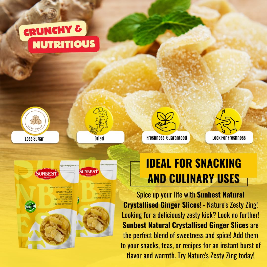 Sunbest Natural - Sliced & Candied Ginger, Crystallized Ginger for Baking and for Snacking, Vegan Dried Ginger, Non-GMO, Kosher