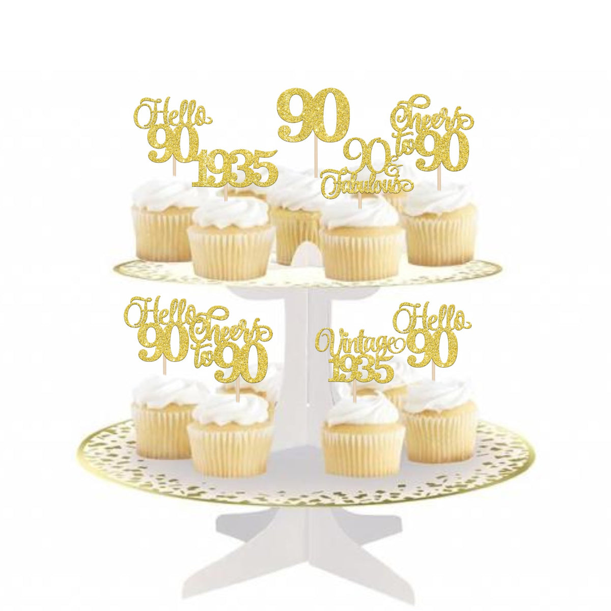 Rssta i 24 Pack Gold Glitter 90th Birthday Cupcake Toppers for Party Decorations
