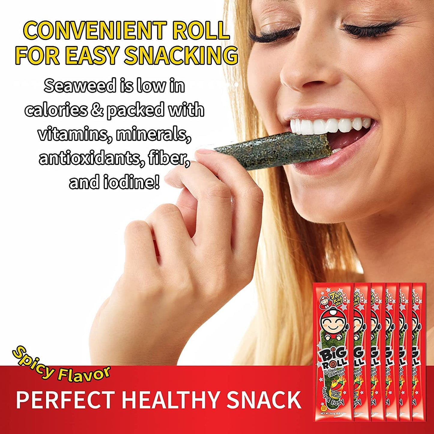 Big Roll Grilled Seaweed Snacks by Tao Kae Noi, Spicy Flavor Grilled Seaweed Rolls, Healthy Nori Sheet Rolls for Kids and Adults