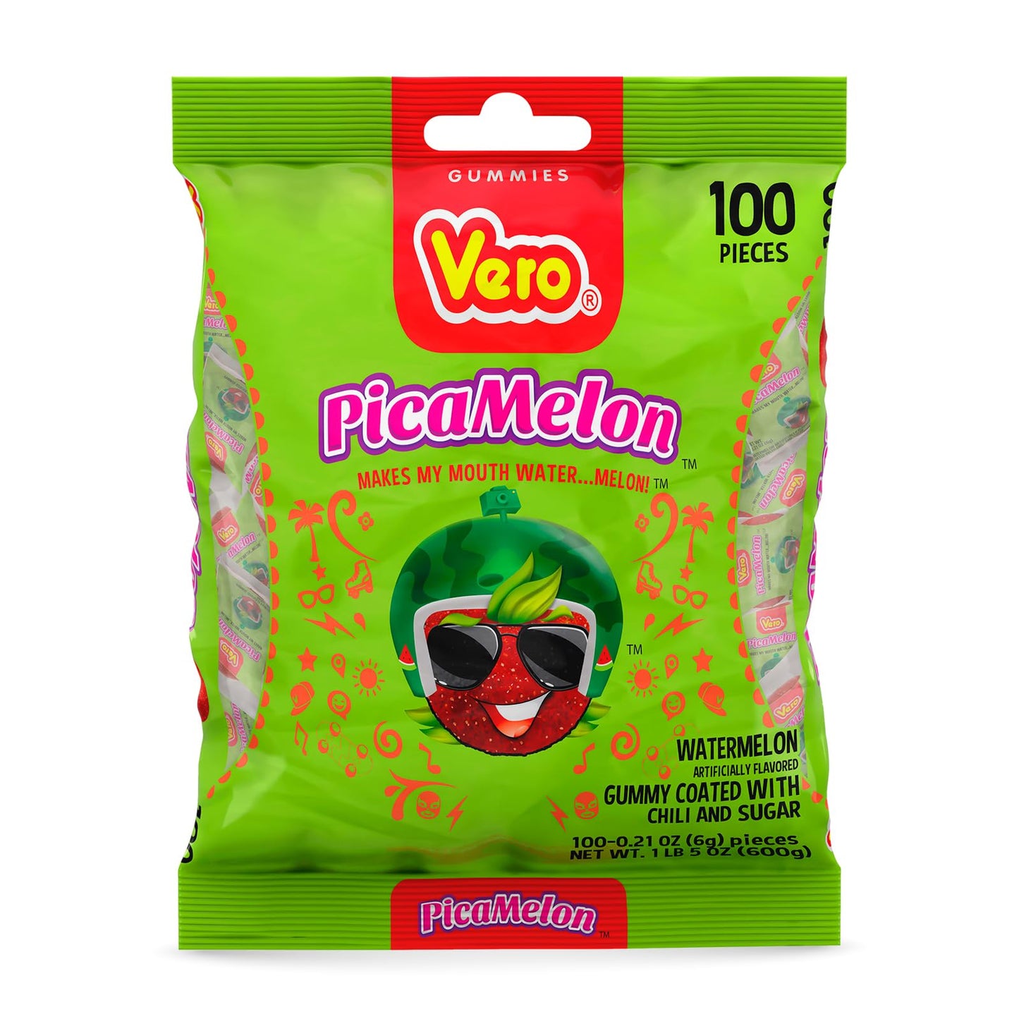 Dulces Vero Vero Pica Sandia Chili Watermelon Flavor Gummy Mexican Candy,100 Pieces,1 Lb,5.15 Oz