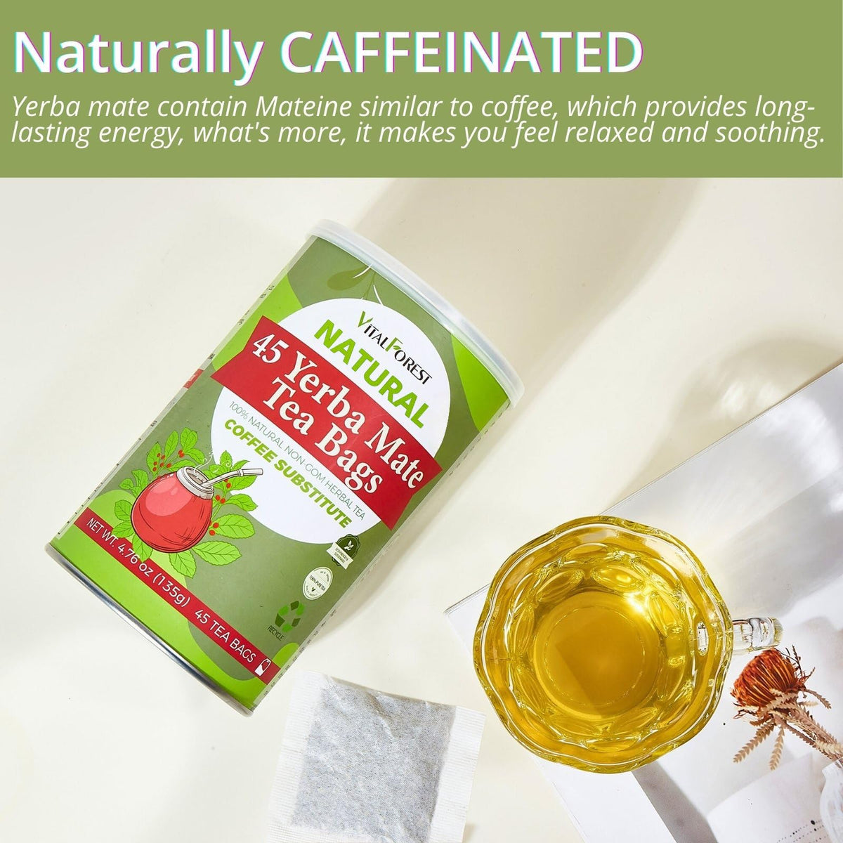 45 Yerba Mate Tea Bags, Vitalforest Unsmoked Yerba Mate Argentina, Energy Burst Yerba Tea, No Dust, No Stems, From Rainforest, R