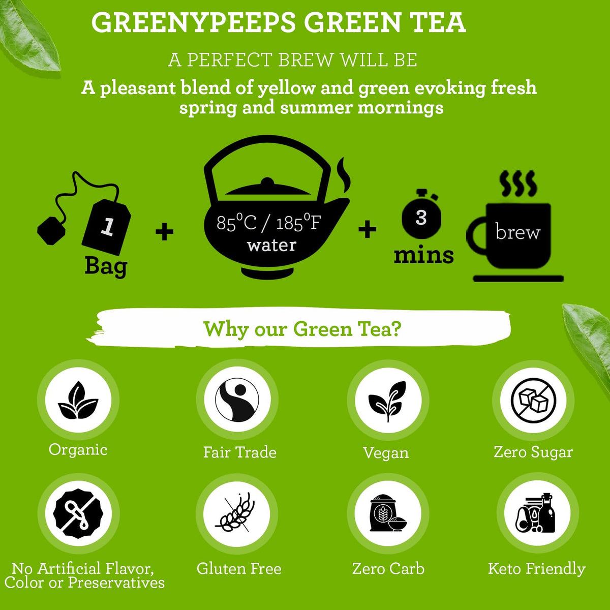 Greenypeeps Organic Green Tea Bags - Refreshing And Mellow Flavor - Pure Green Tea From Tender Top Leaves - Net Carbon Negative