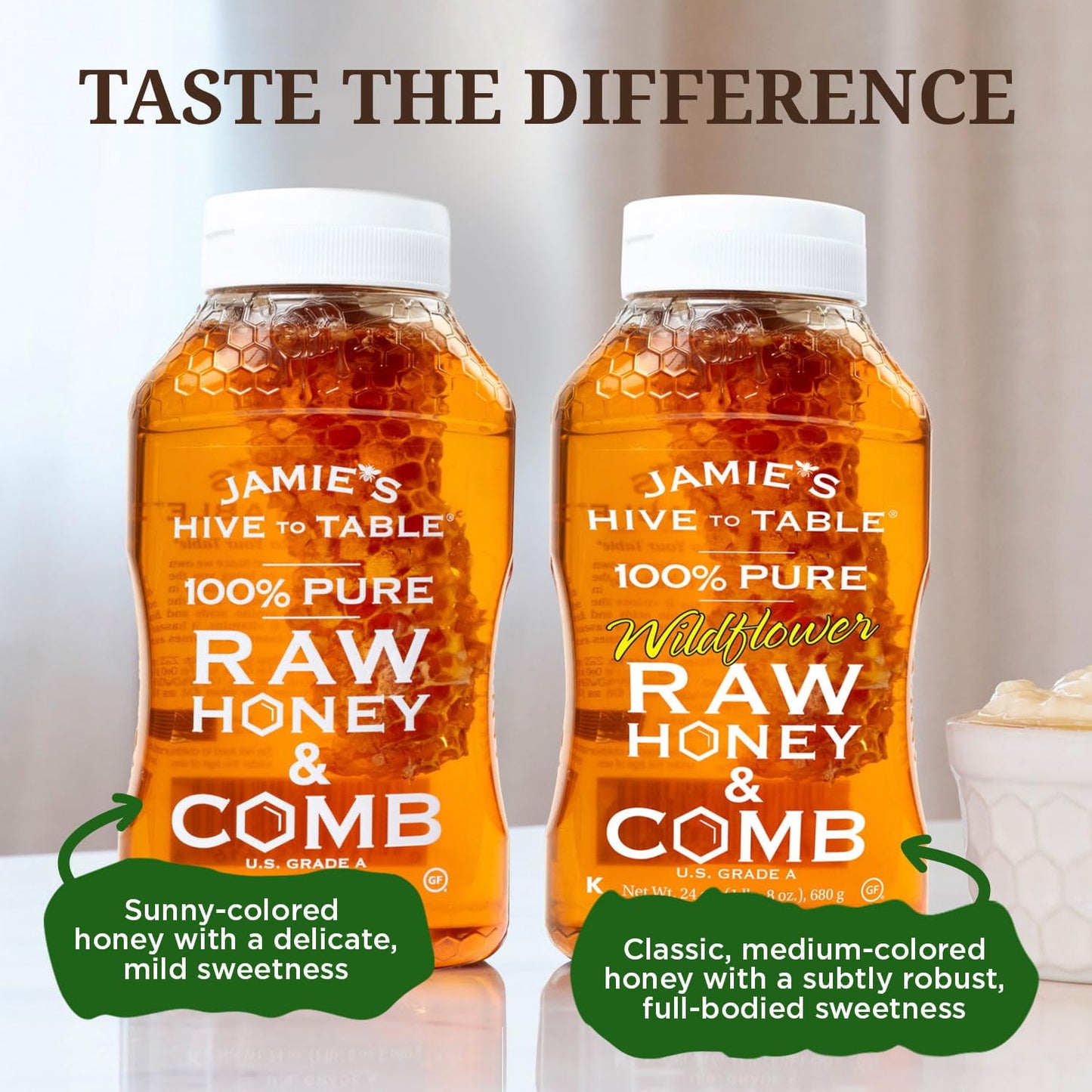 JAMIES HIVE TO TABLE Raw Unfiltered Honey & Honeycomb - 24oz Squeeze Bottle, 2 Pack