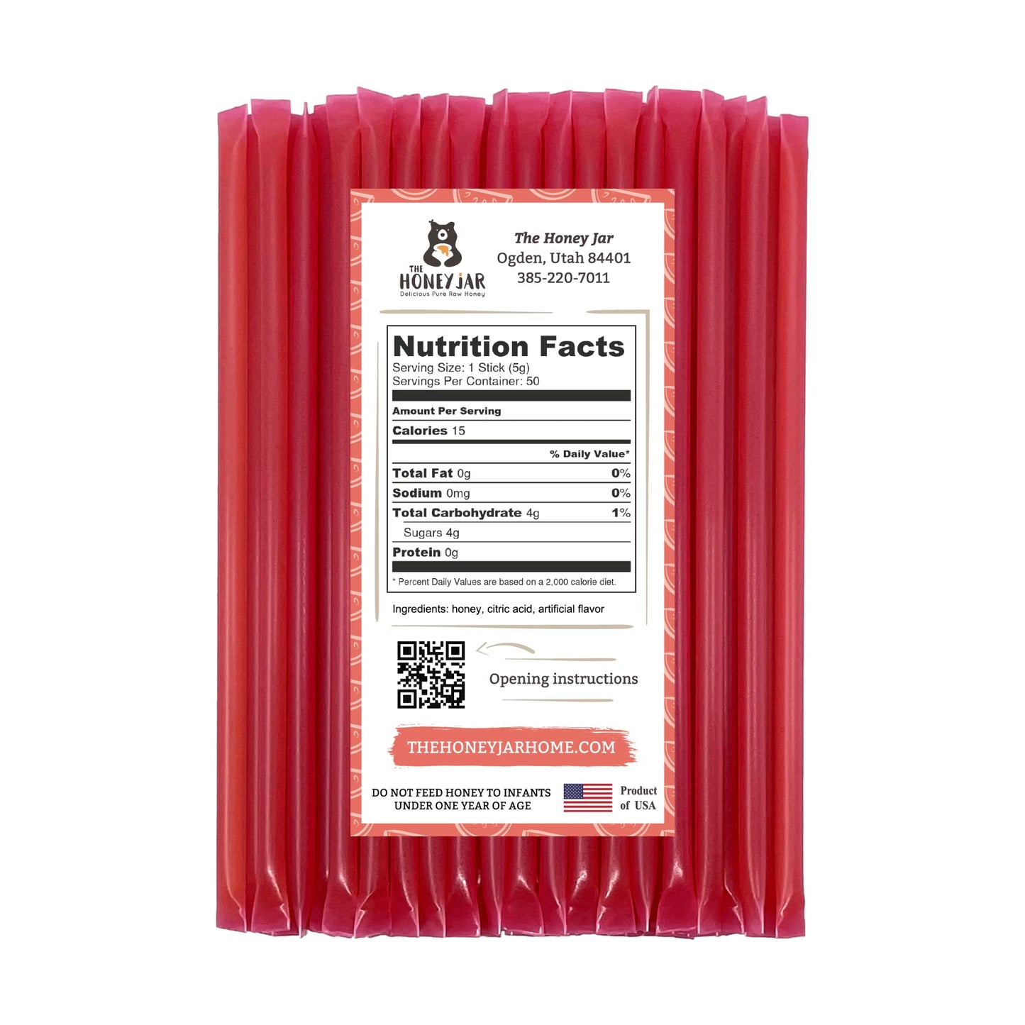 The Honey Jar Watermelon Flavored Raw Honey Sticks - 50 Count - Pure Honey Straws for Tea and Coffee