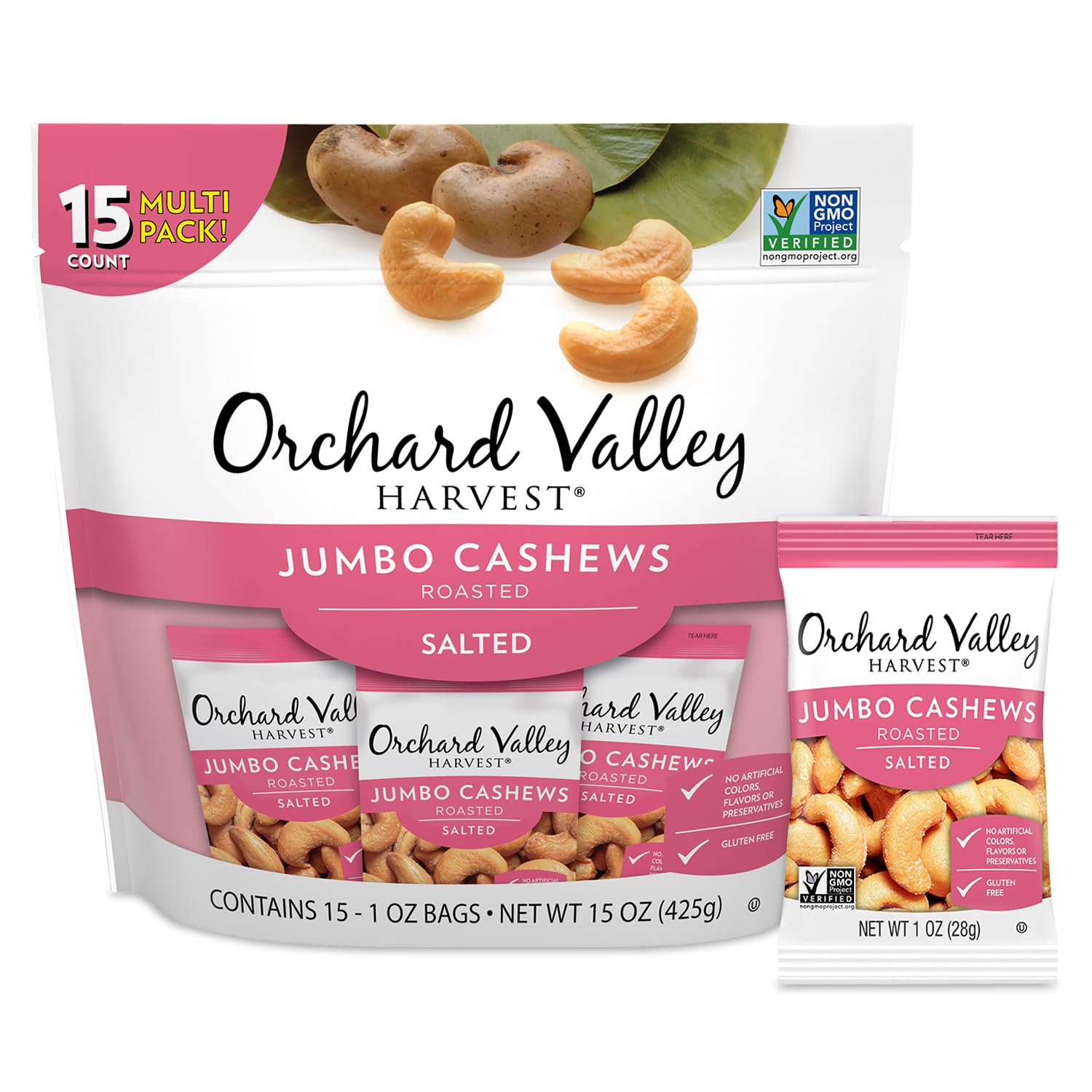 Orchard Valley Harvest Jumbo Cashews, 1 oz Bags (Pack of 15), Whole Roasted Salted Cashews, Gluten Free, No Artificial Colors, F